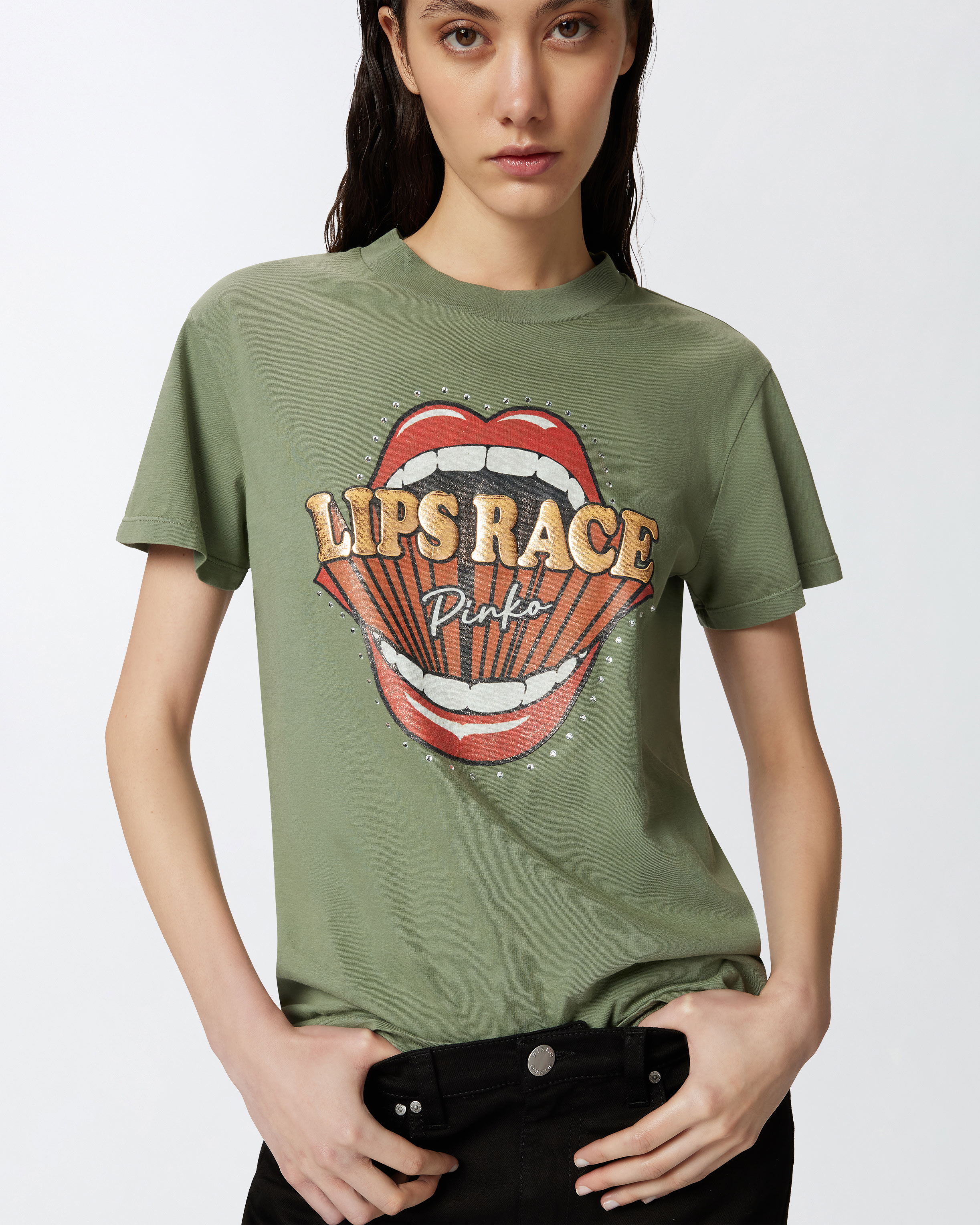 Pinko Lips Race Mouth Print T-shirt In Four-leaf Clover Green