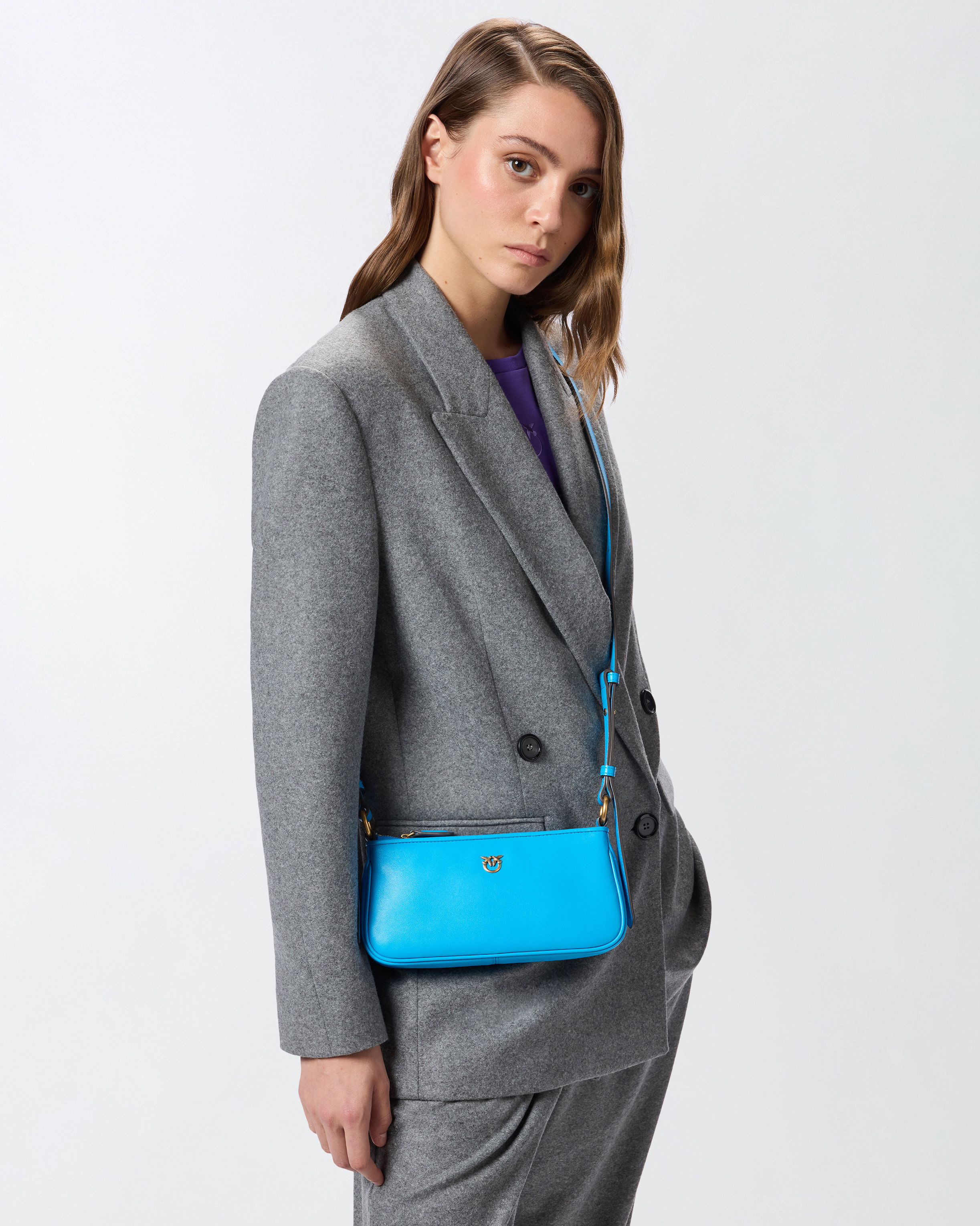 Pinko Mini Half Moon Baguette Leather Crossbody Bag In Blue