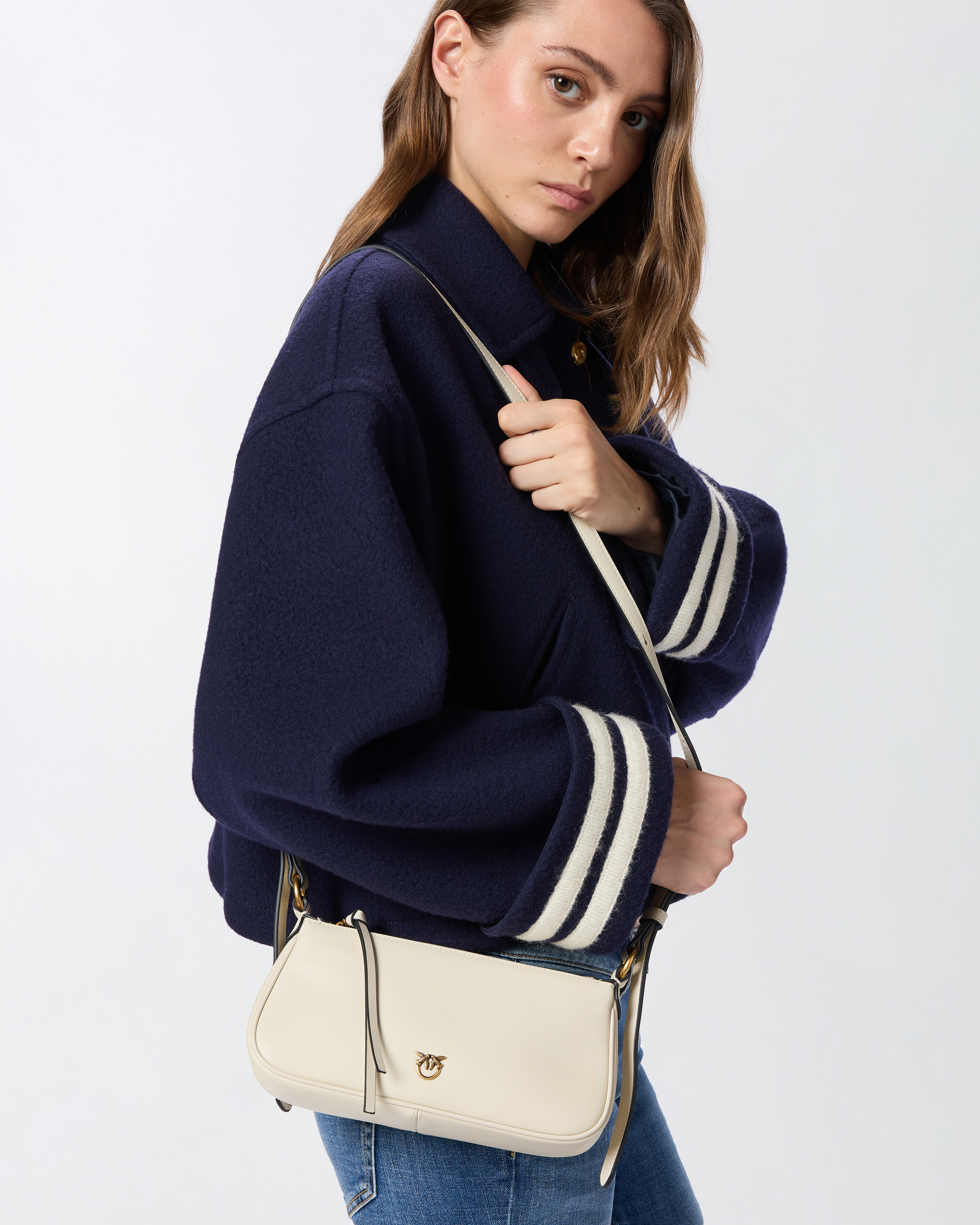 Pinko Mini Half Moon Baguette Leather Crossbody Bag In White