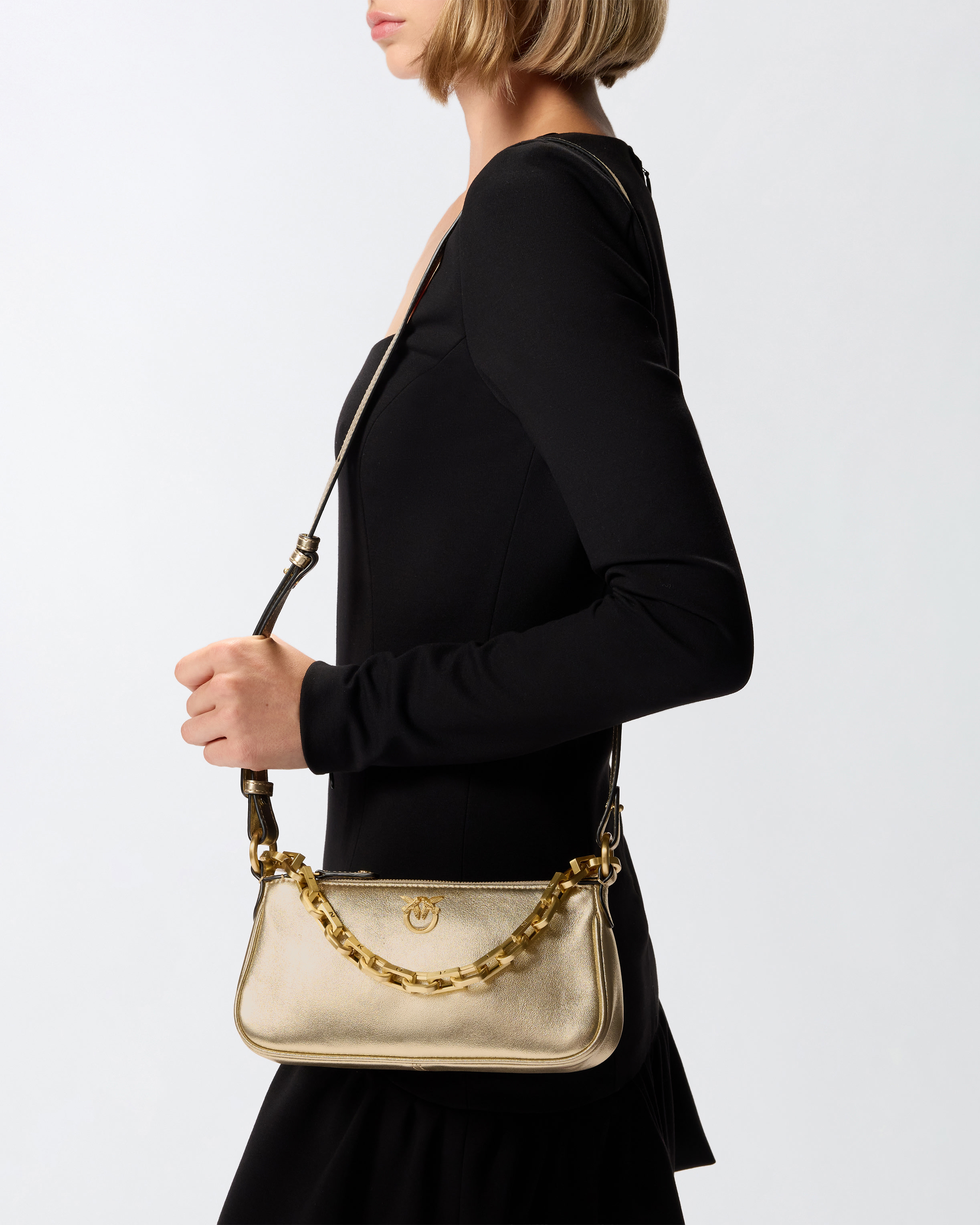 Pinko Mini Half Moon Baguette Handbag In Laminated Suede