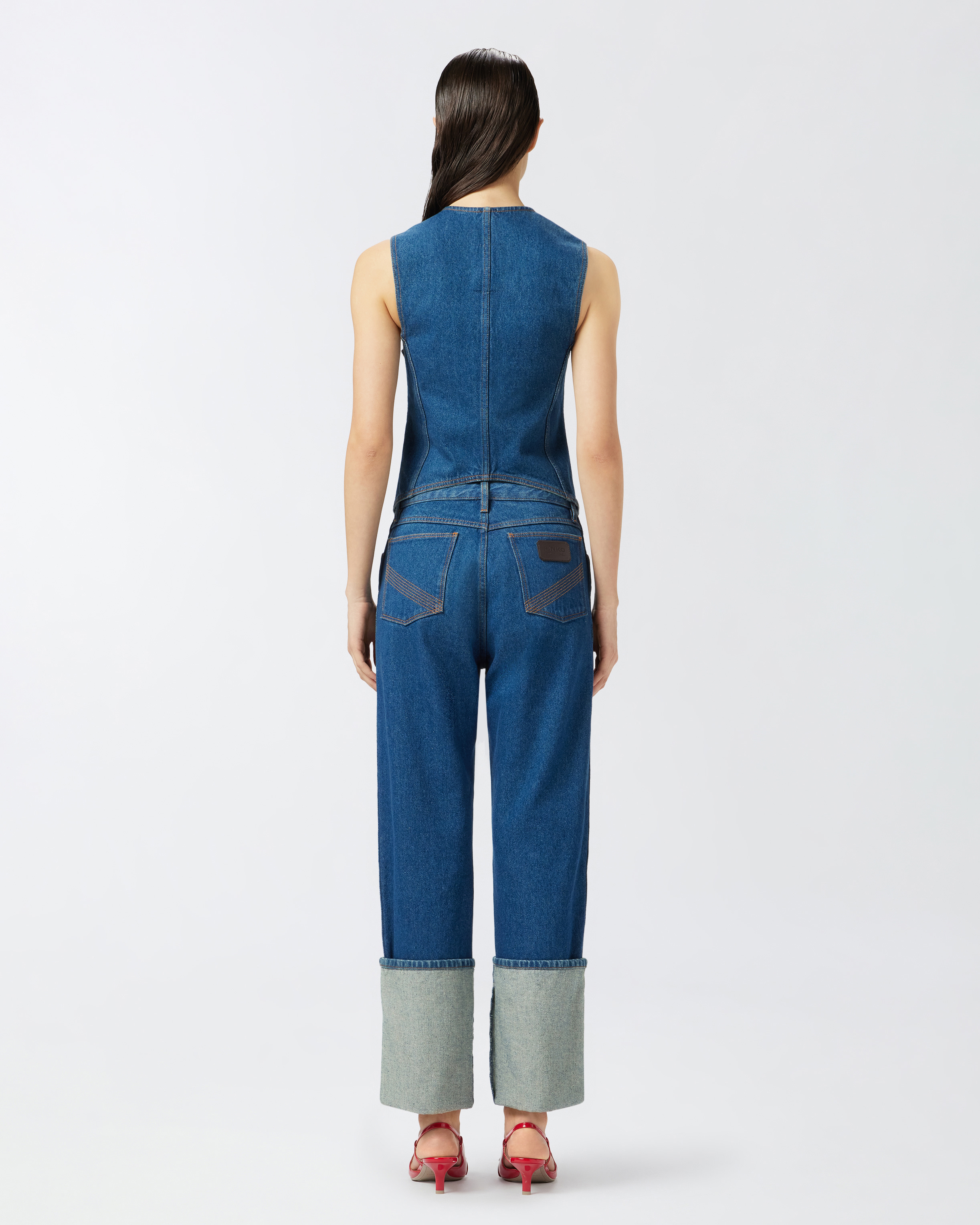 Pinko Tailored Blue Denim Gilet With Notched Lapel In Rinse Wash