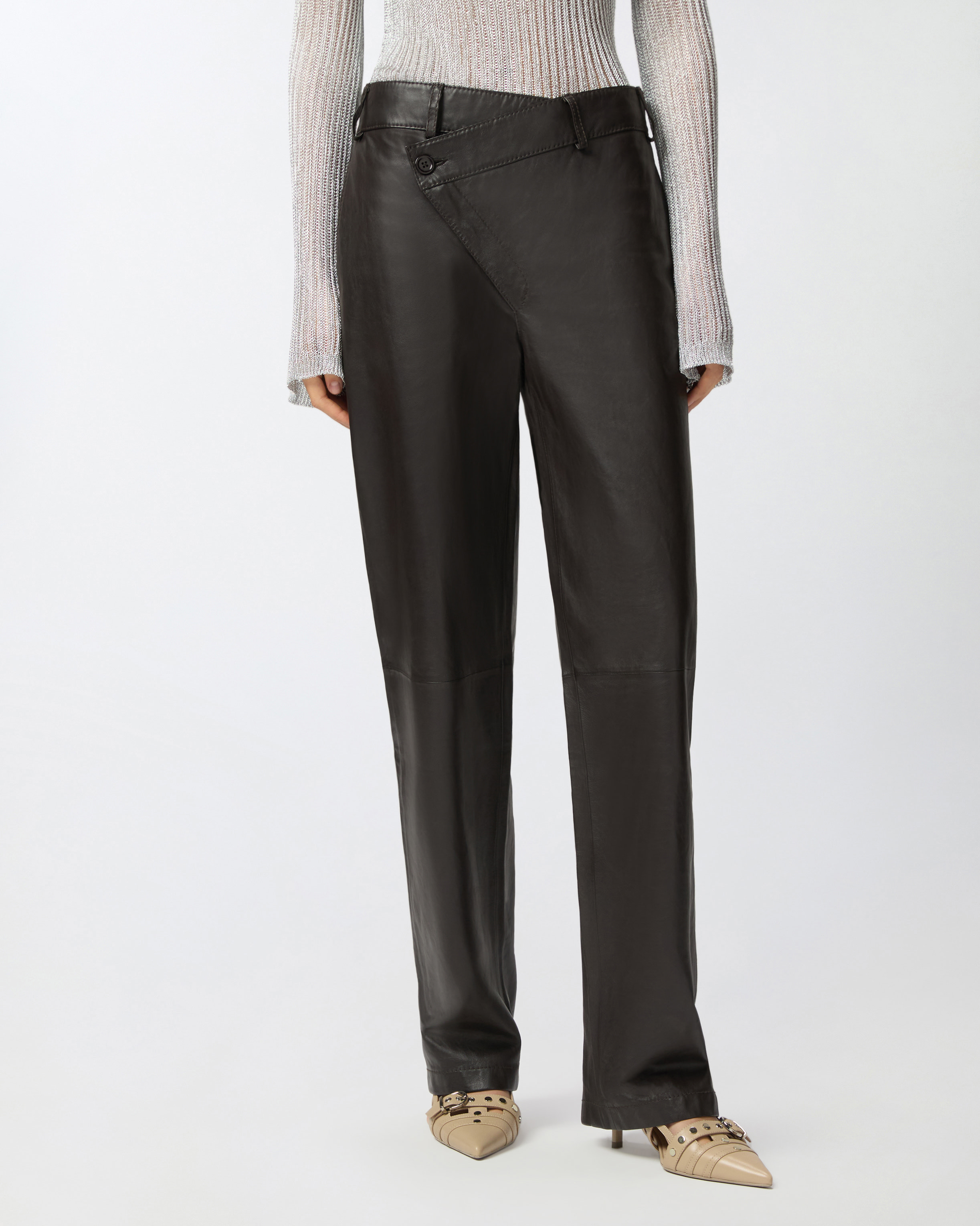 Pinko Leather Slim-fit Trousers In Marron Intense
