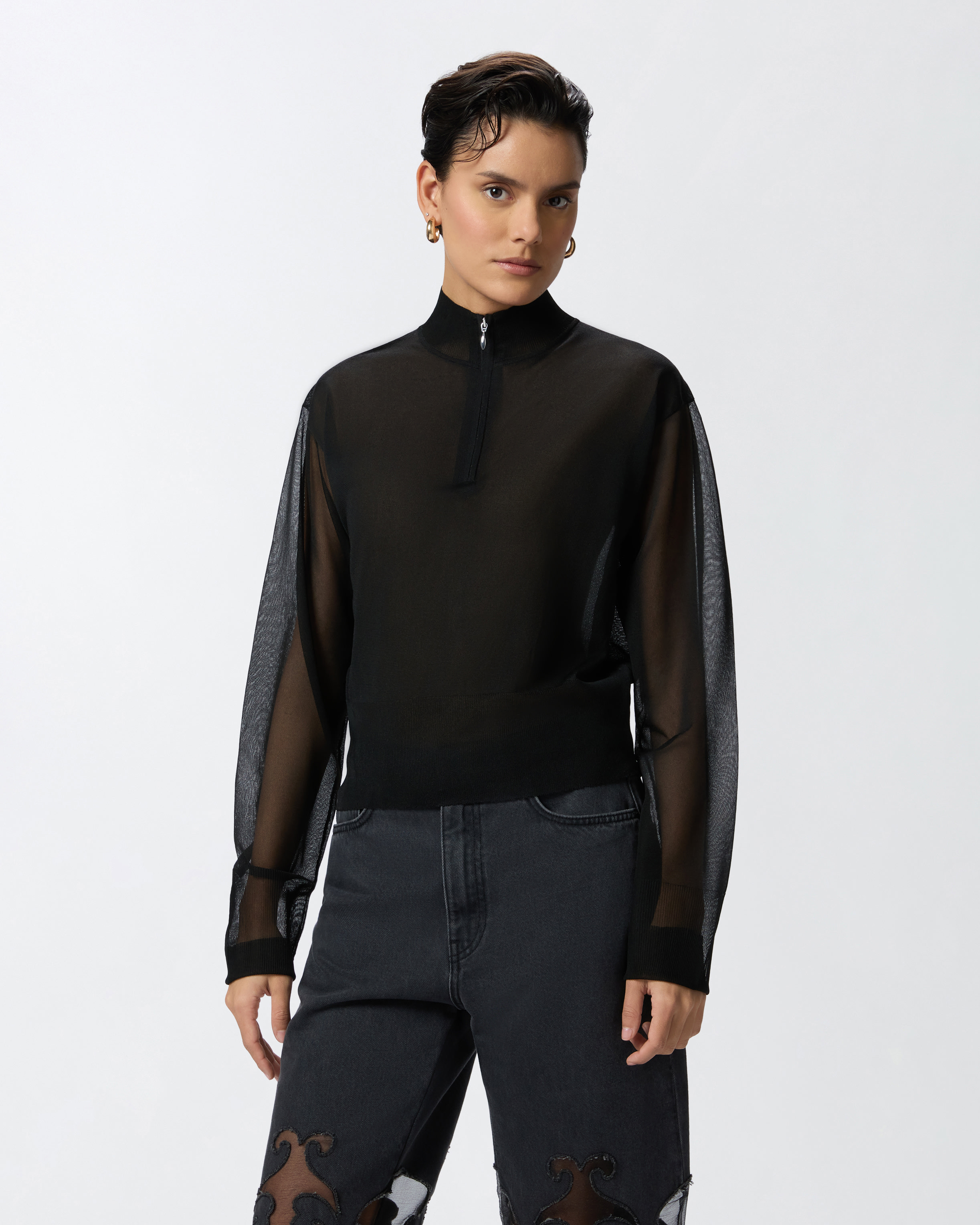 Reimagine by PINKO X Patrick McDowell semi-sheer half-zip Reimagine by PINKO X Patrick McDowell semi-sheer half-zip