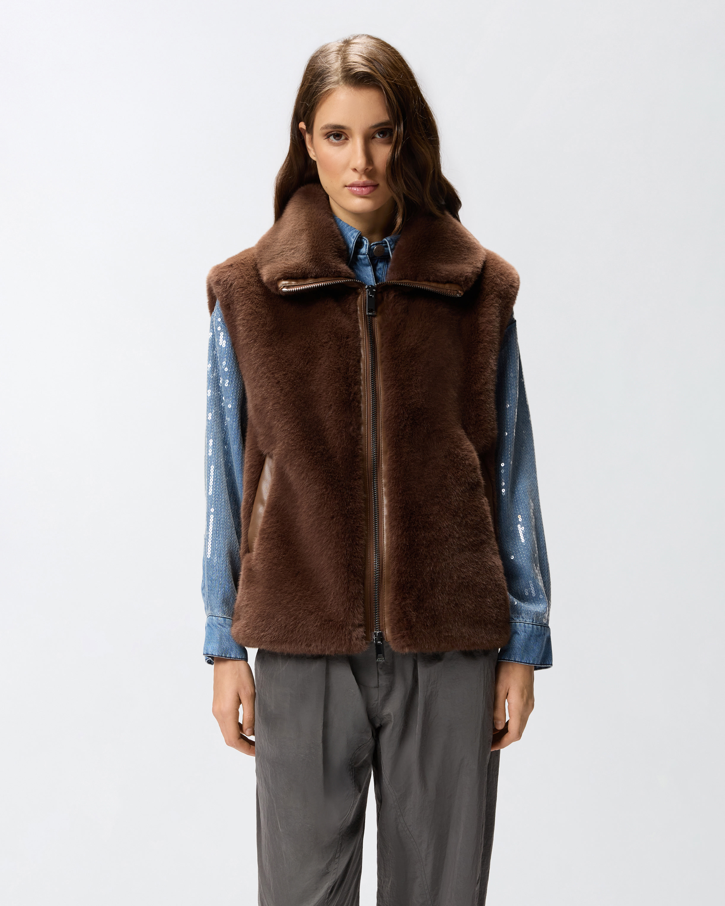 拉链款皮草效果马甲 - 非洲大地 - large | Pinko 