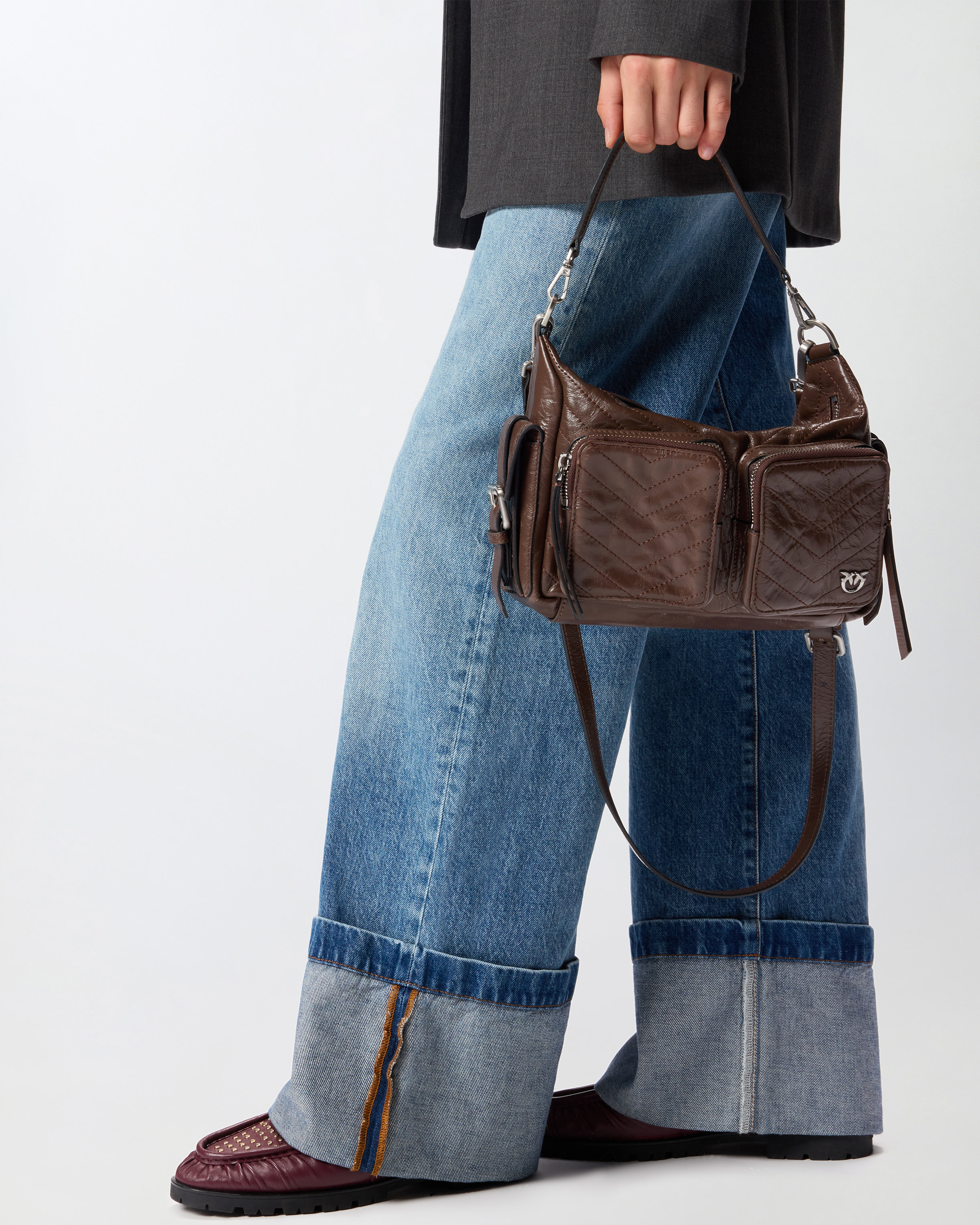 Pinko Rectangular Quilted Leather Shoulder Bag In Brown