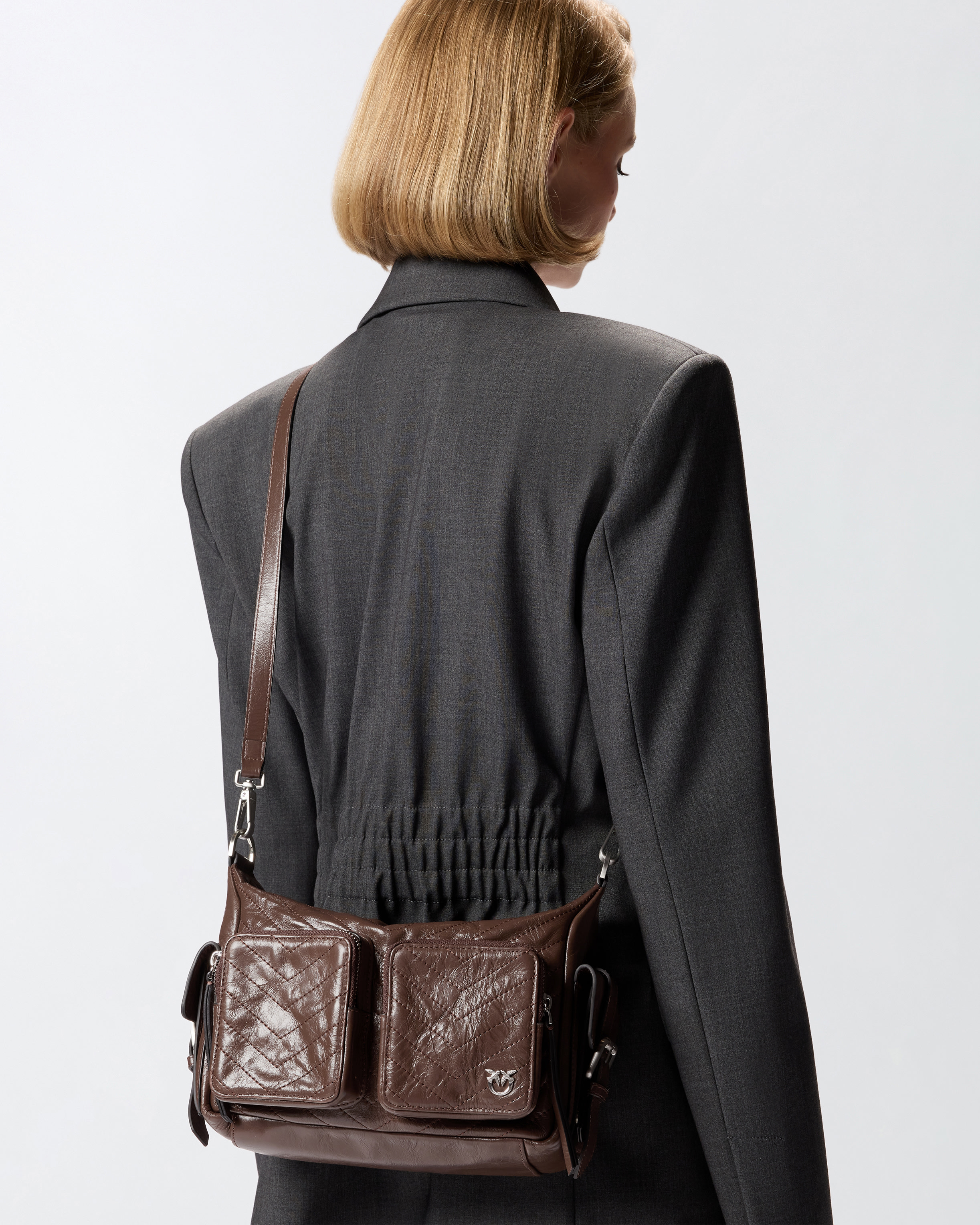 Pinko Rectangular Quilted Leather Shoulder Bag In Brown
