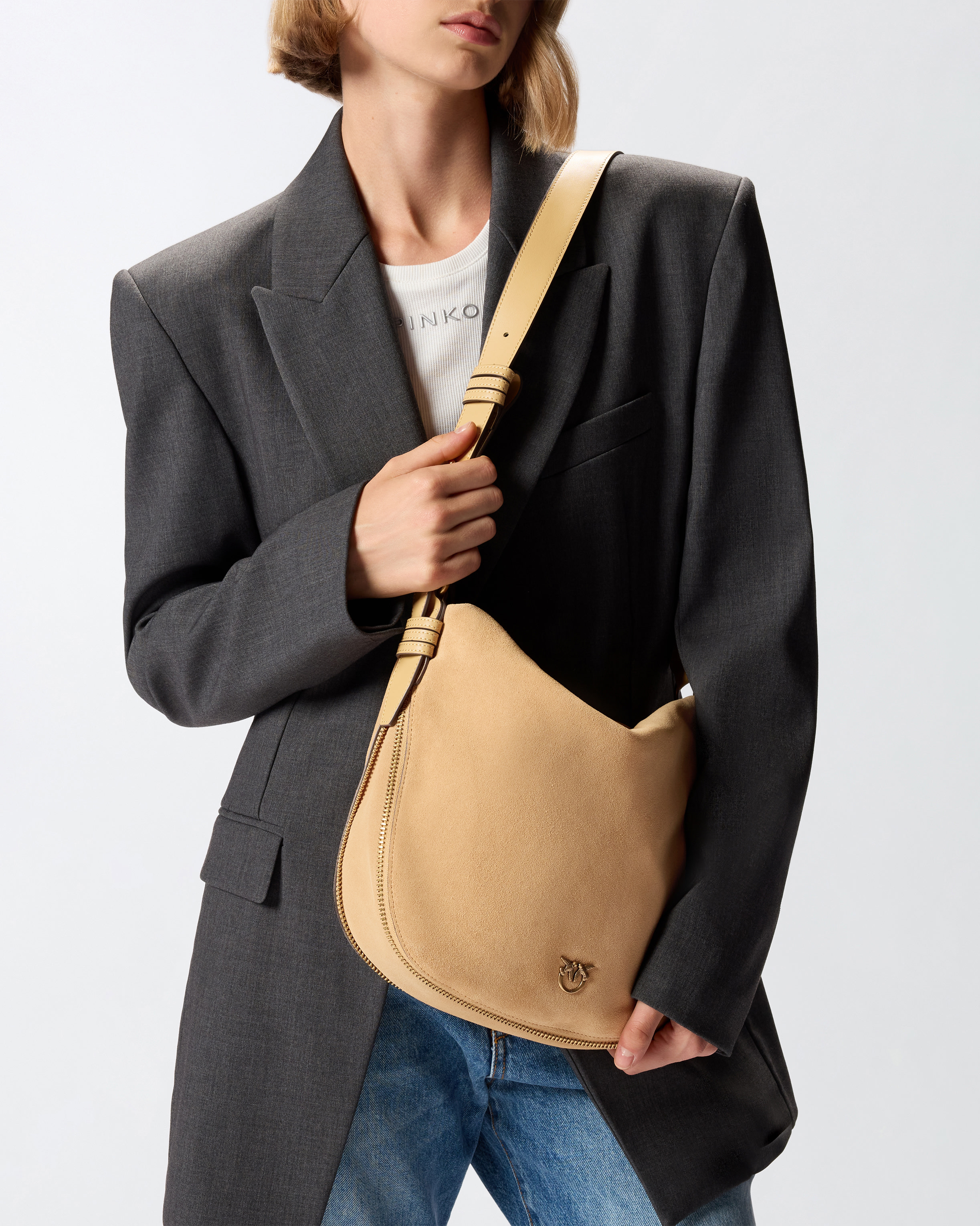 Mittelgroße Hobo-Schultertasche aus Veloursleder mit Logo Love Birds 4