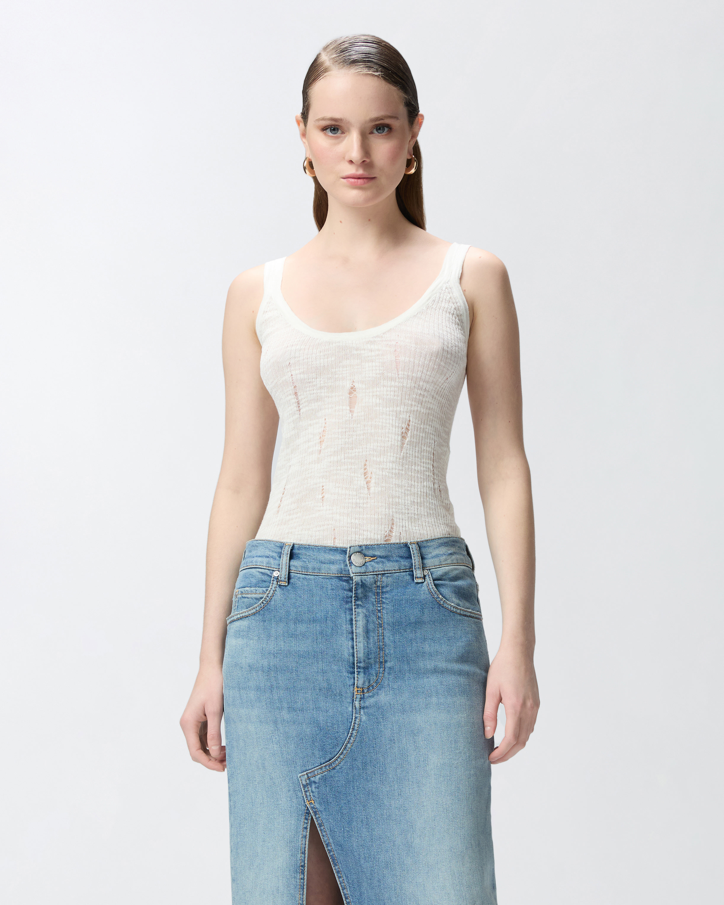 Pinko Lightweight Ribbed Tank Top With Rips In Snow White