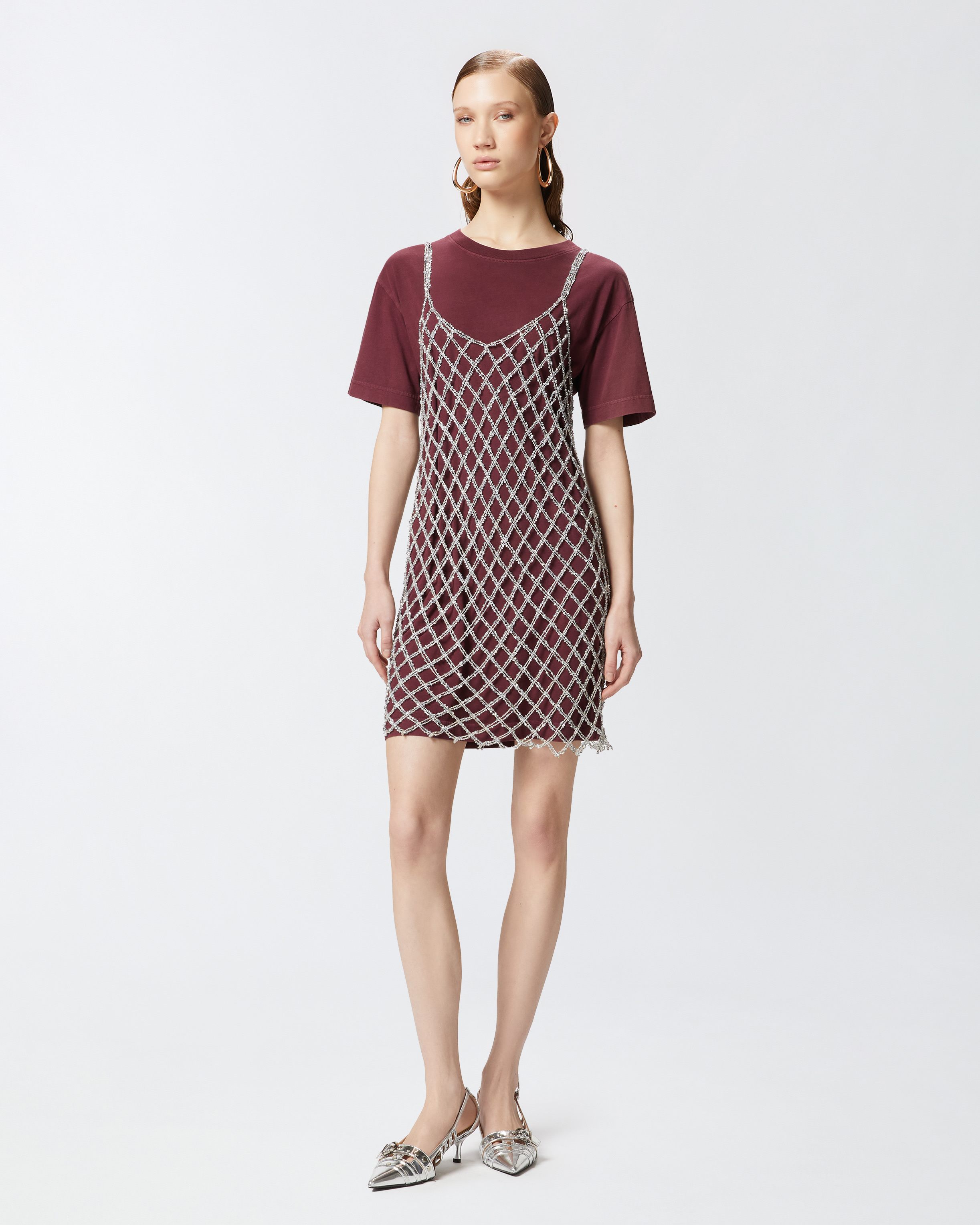 Pinko Layered Midi Dress In Bordeaux/argento
