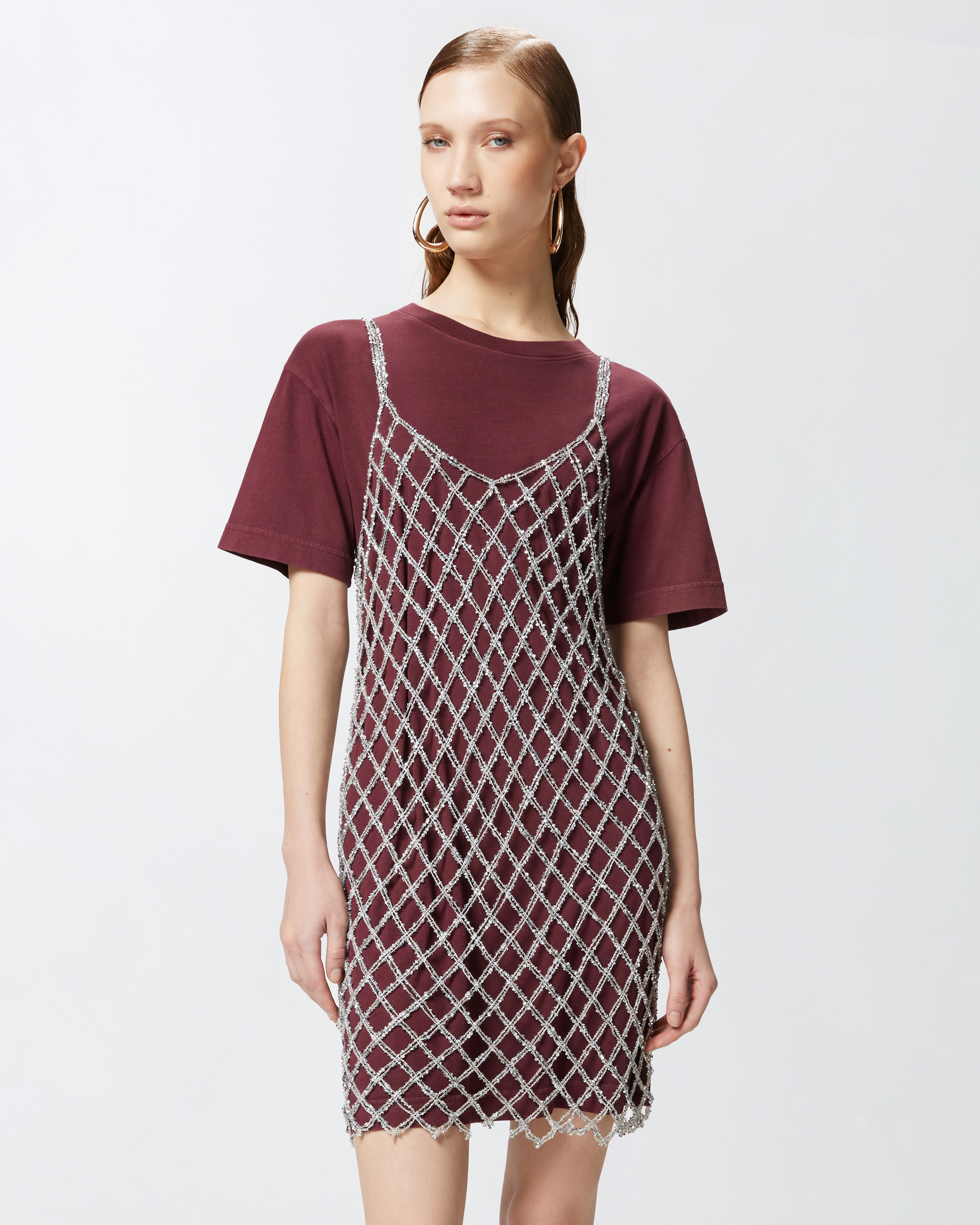 Pinko Layered Midi Dress In Bordeaux/argento