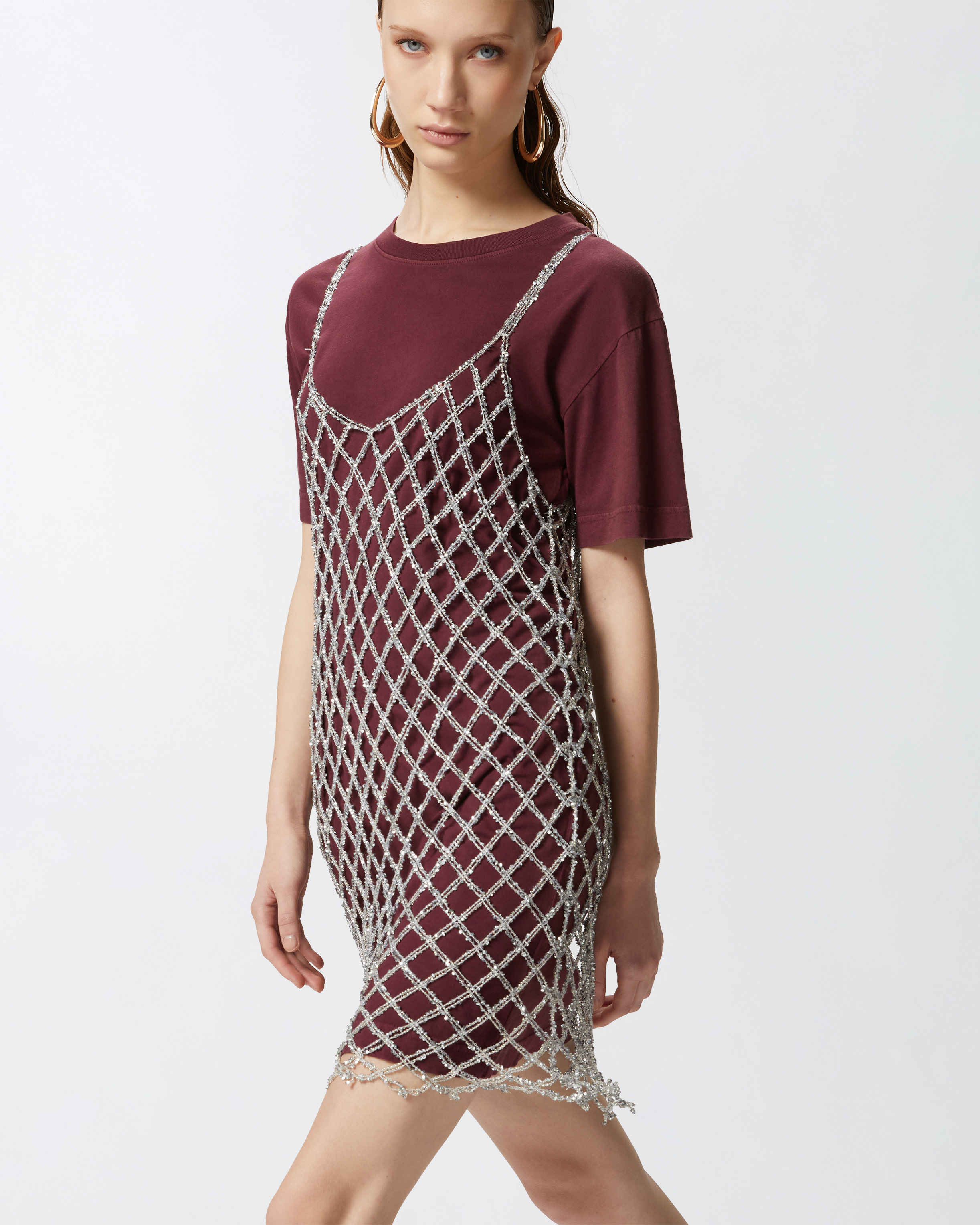 Pinko Layered Midi Dress In Bordeaux/argento
