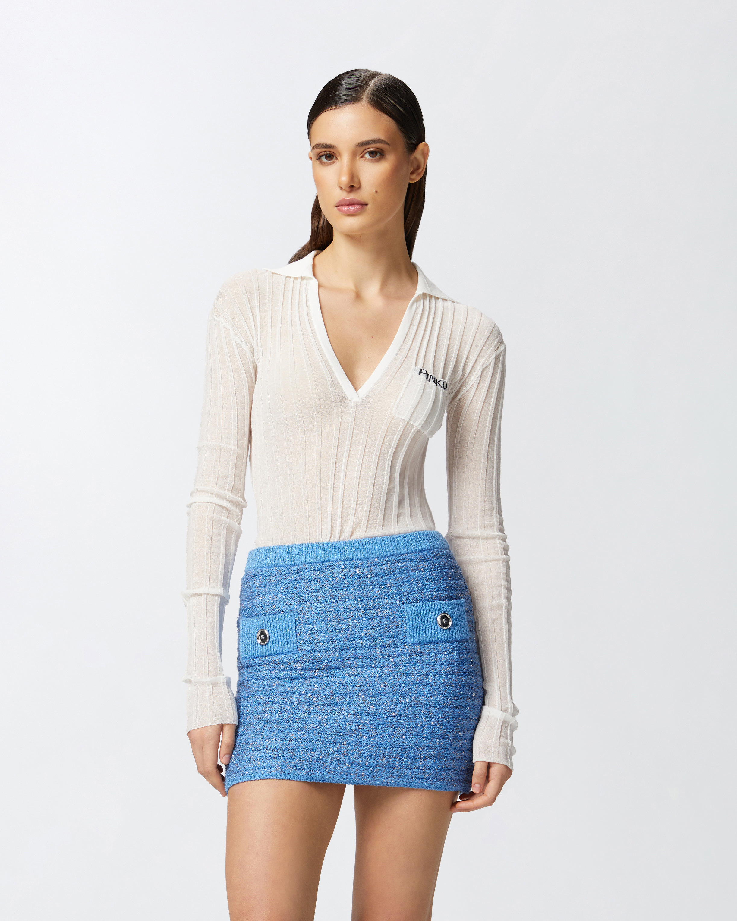 Pinko Crepe Transparent Ribbed Texture Long Sleeves In Bianco-biancaneve