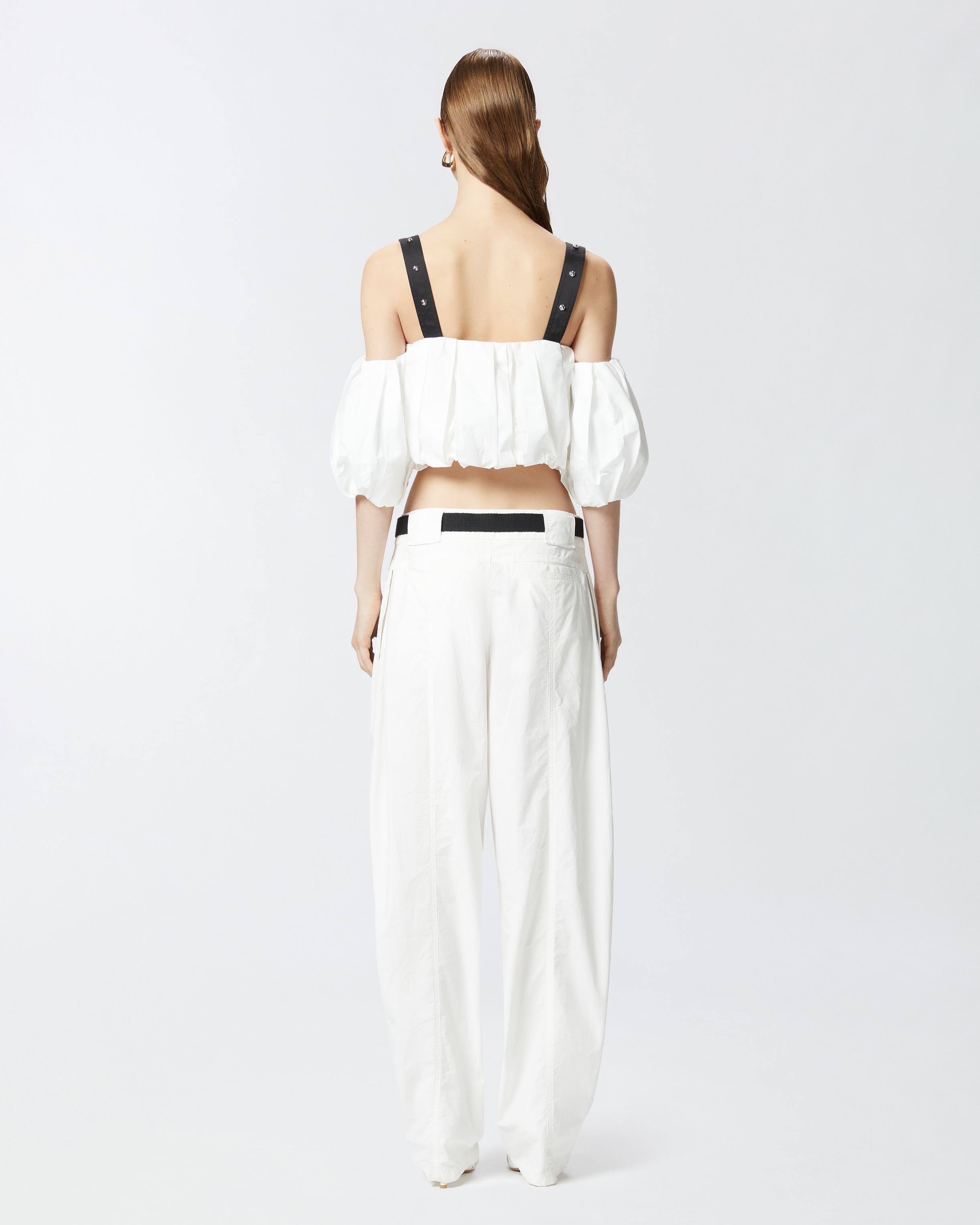 Pinko Cropped Beige Top With Puff Sleeves And Adjustable Straps In Blanc/noir