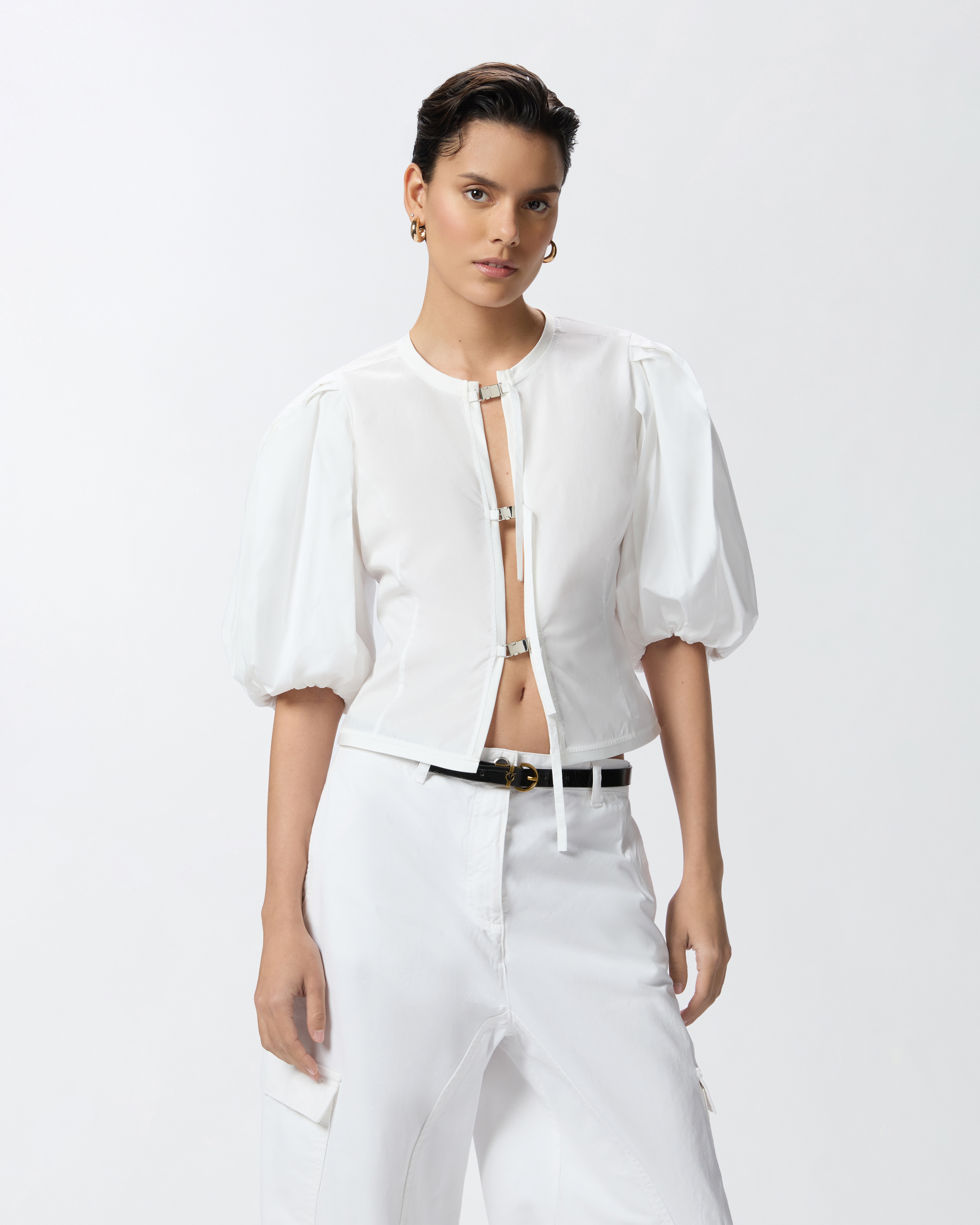 Pinko Cotton Blouse With Metal Buckles In Bright White