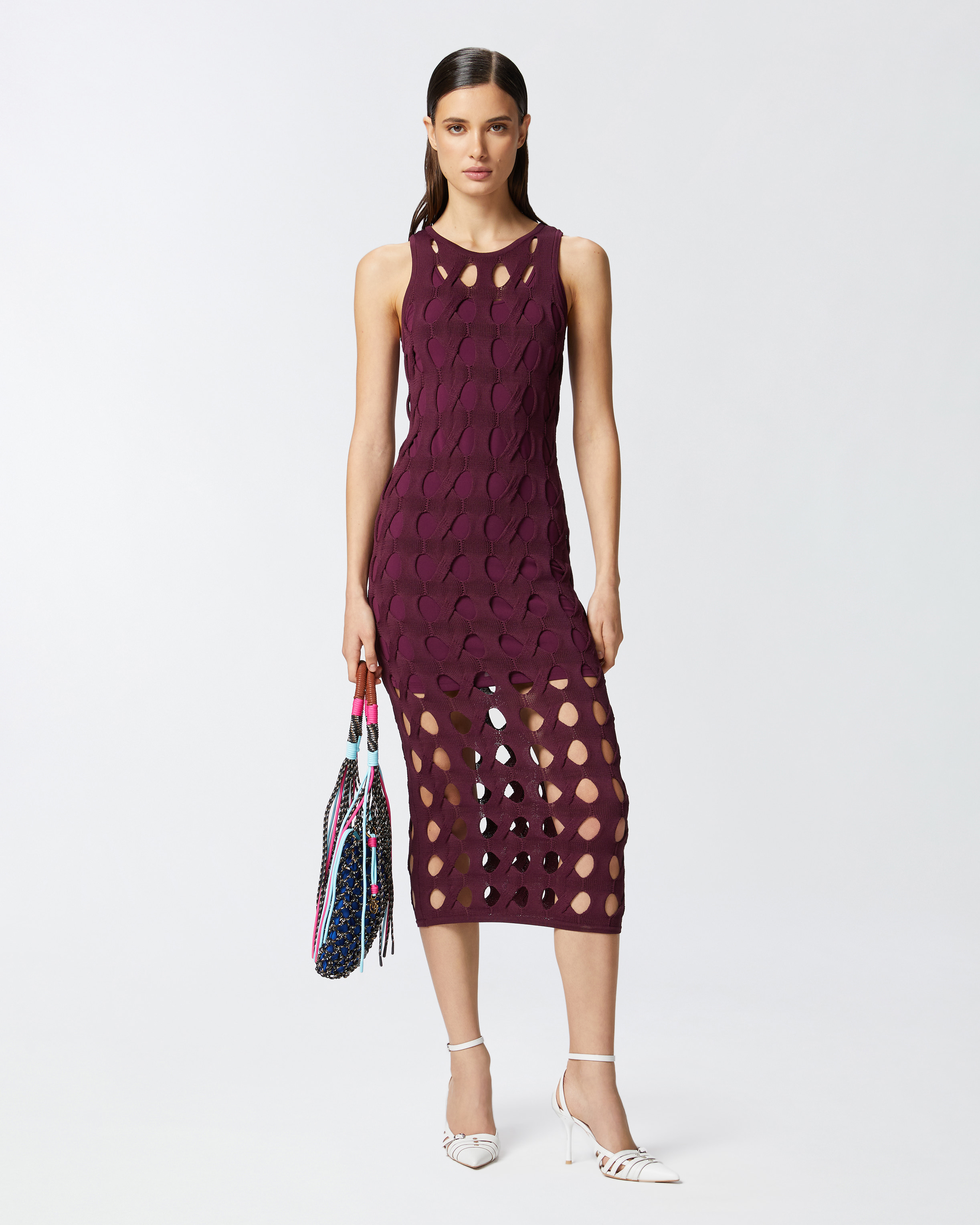 Pinko Perforated Knit Midi Dress In Bordeaux Intenso
