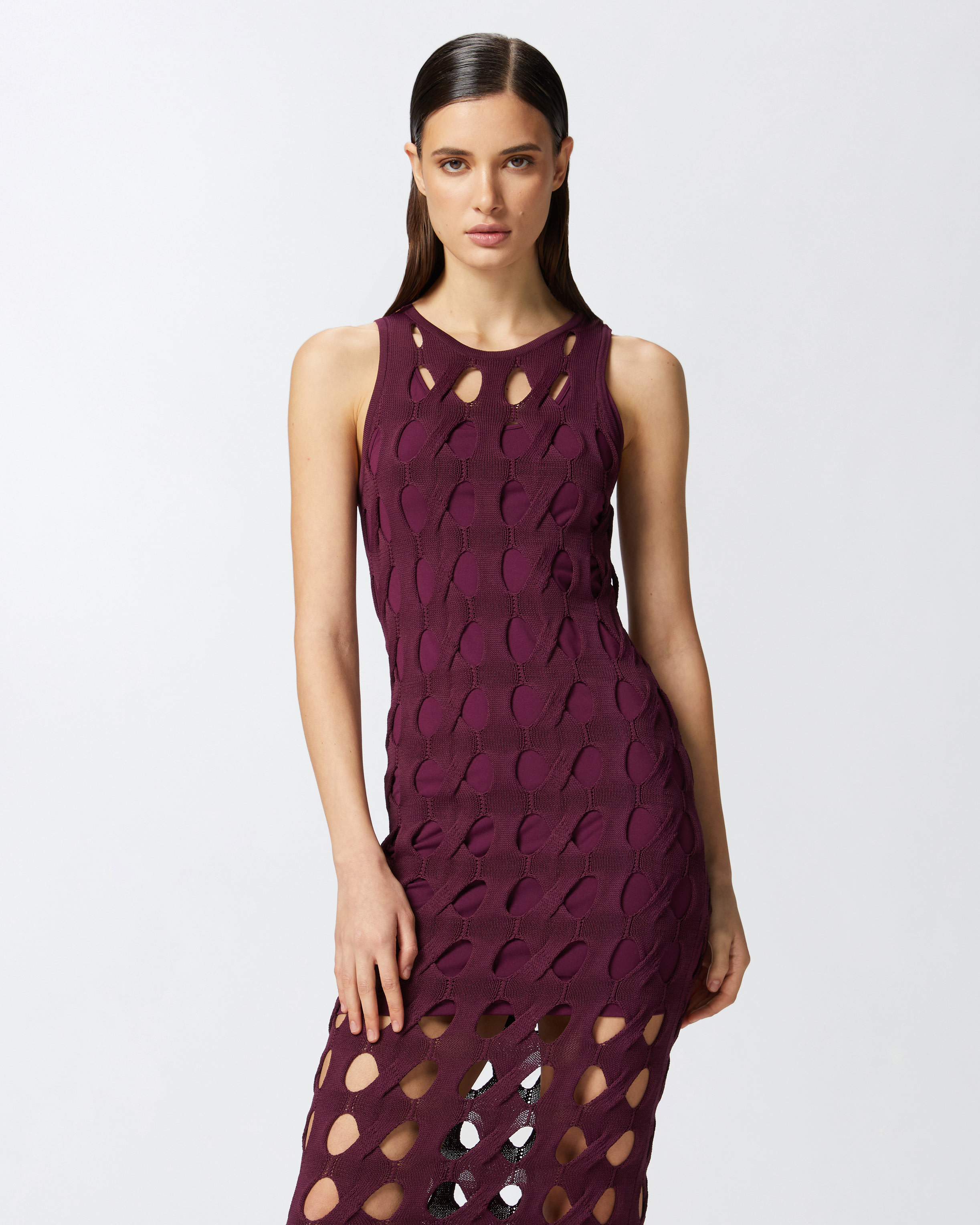 Pinko Perforated Knit Midi Dress In Bordeaux Intenso