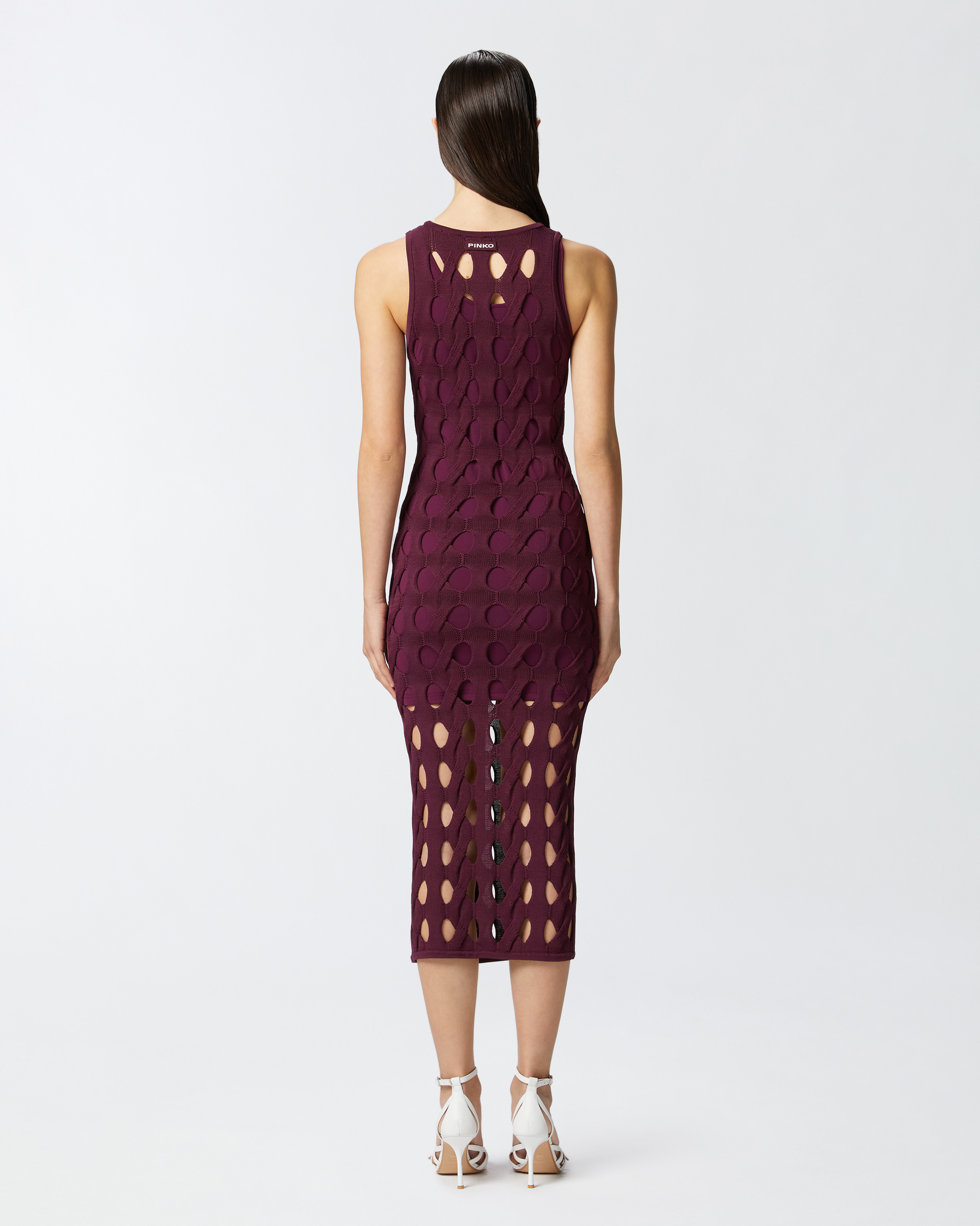 Pinko Perforated Knit Midi Dress In Bordeaux Intenso