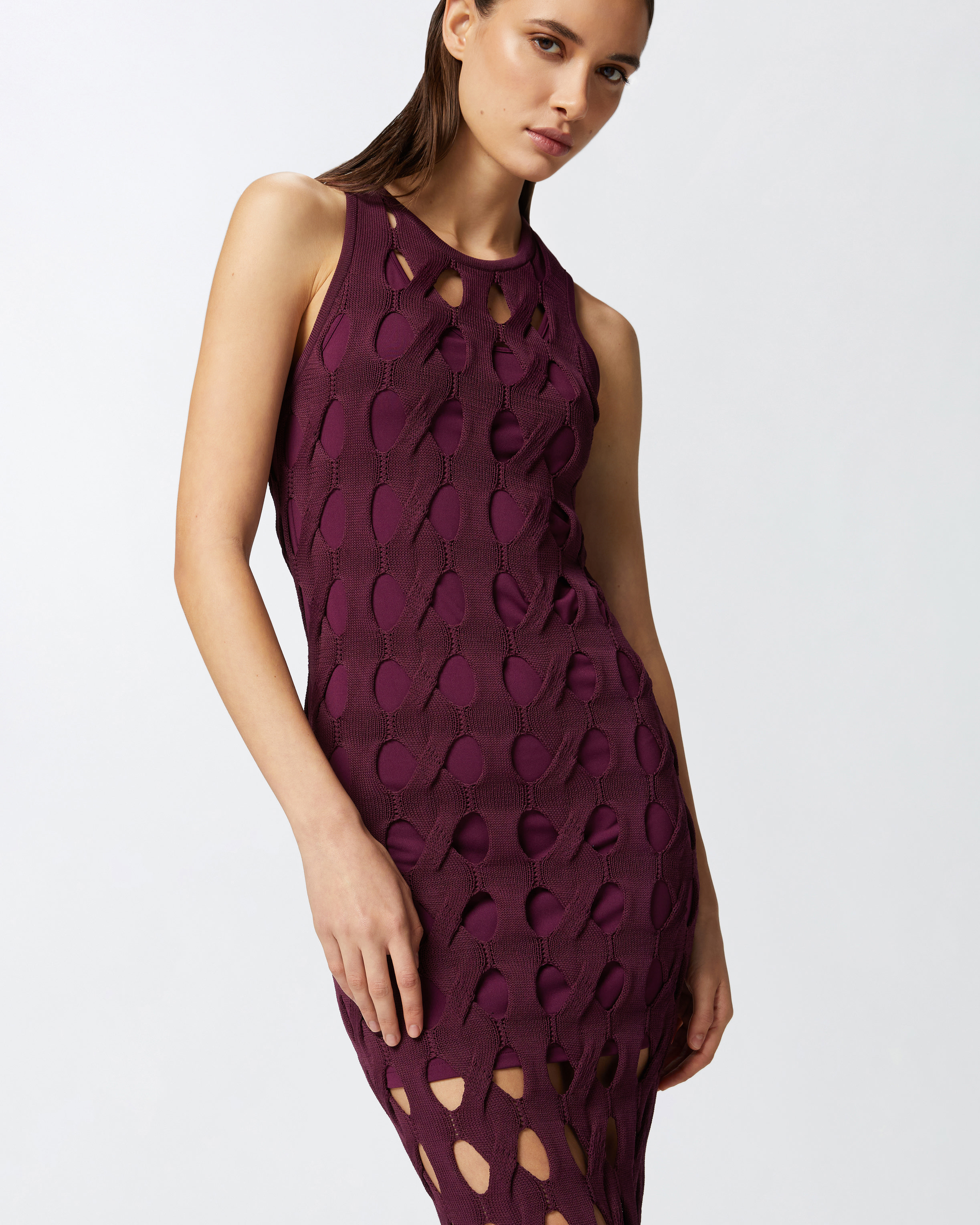Pinko Perforated Knit Midi Dress In Bordeaux Intenso
