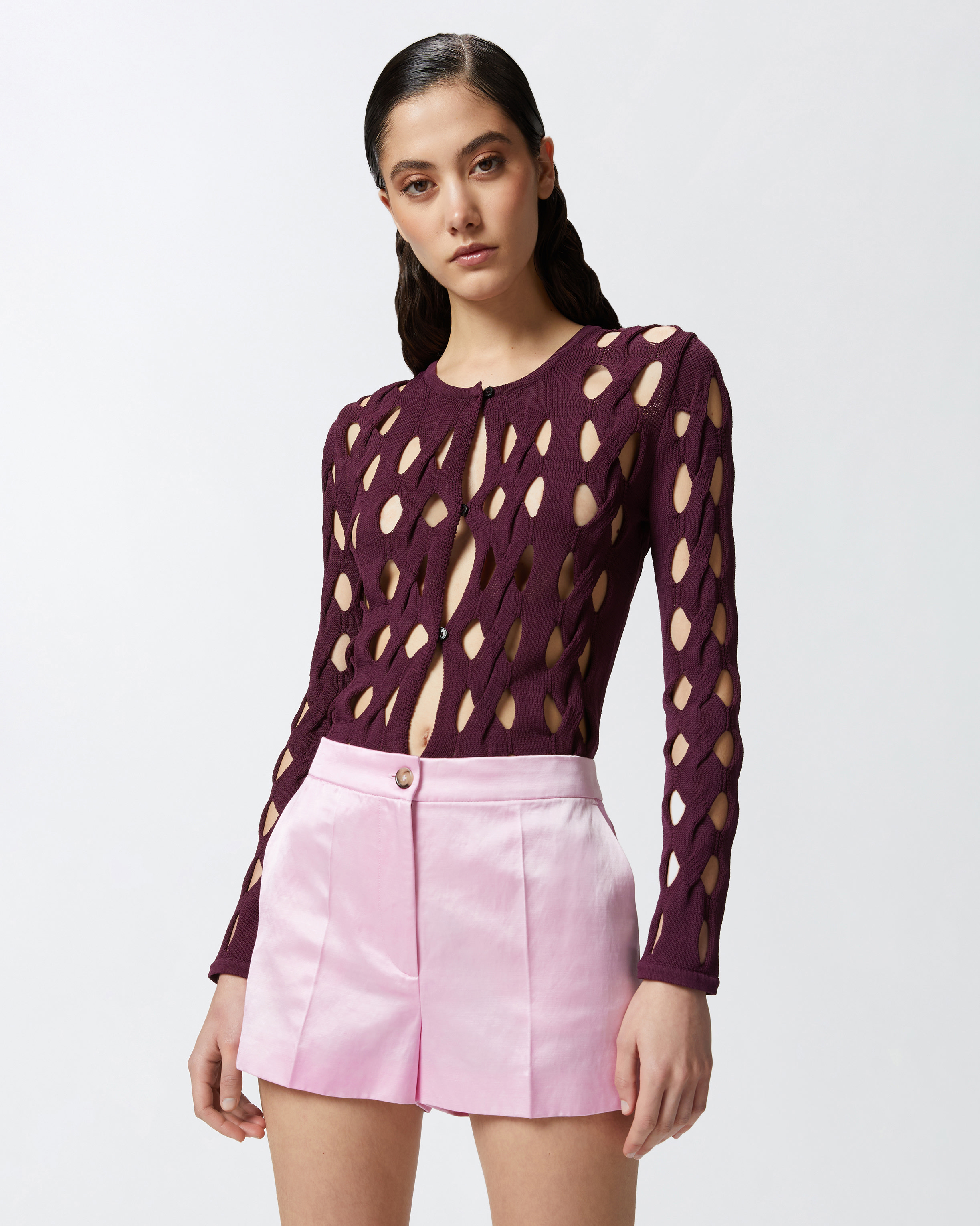 Pinko Short Cardigan In Perforated Knit In Bordeaux Intenso