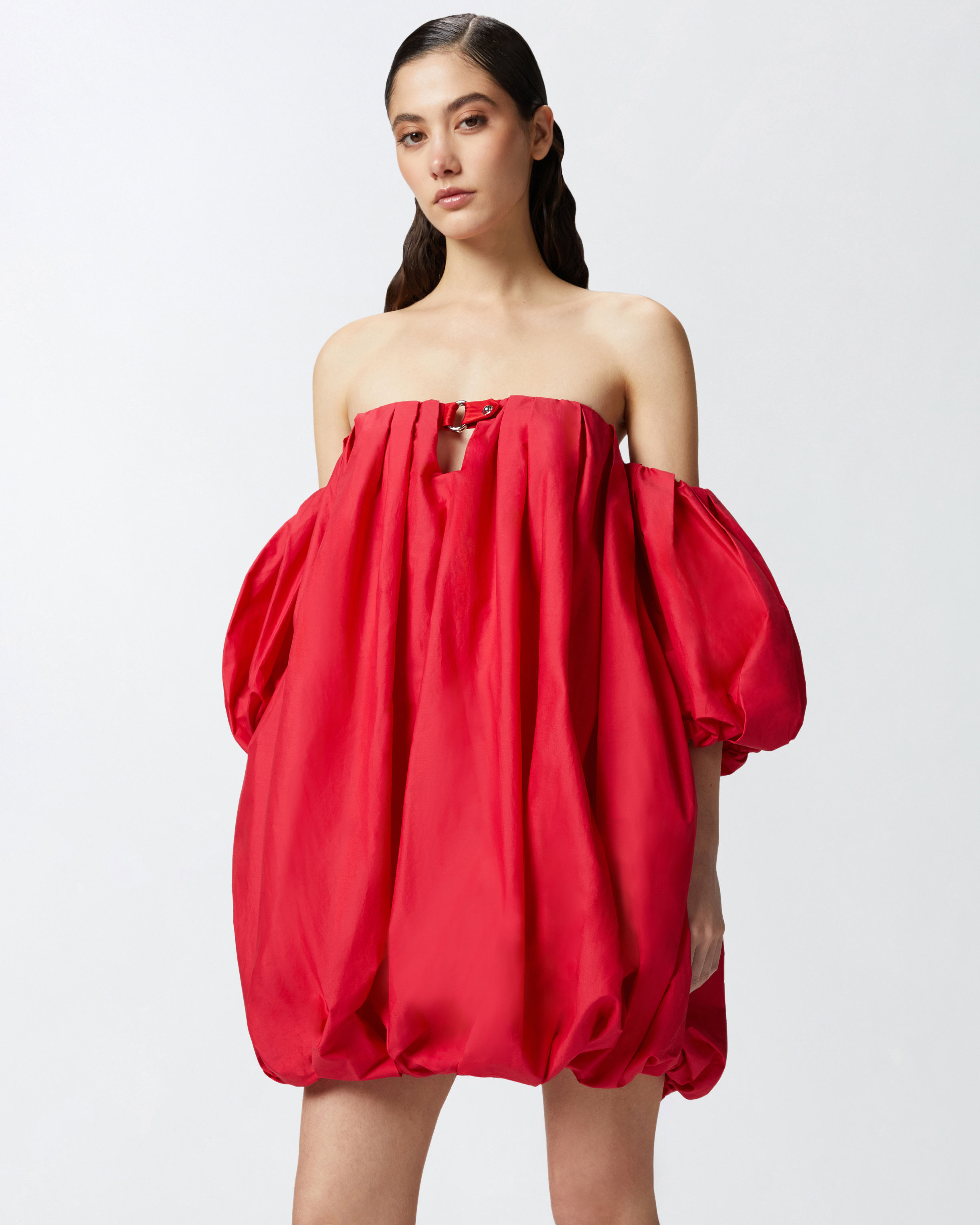 Pinko ‘bert' Red Dress With Exposed Shoulder Design And Removable Sleeves With Button In Salsa Red