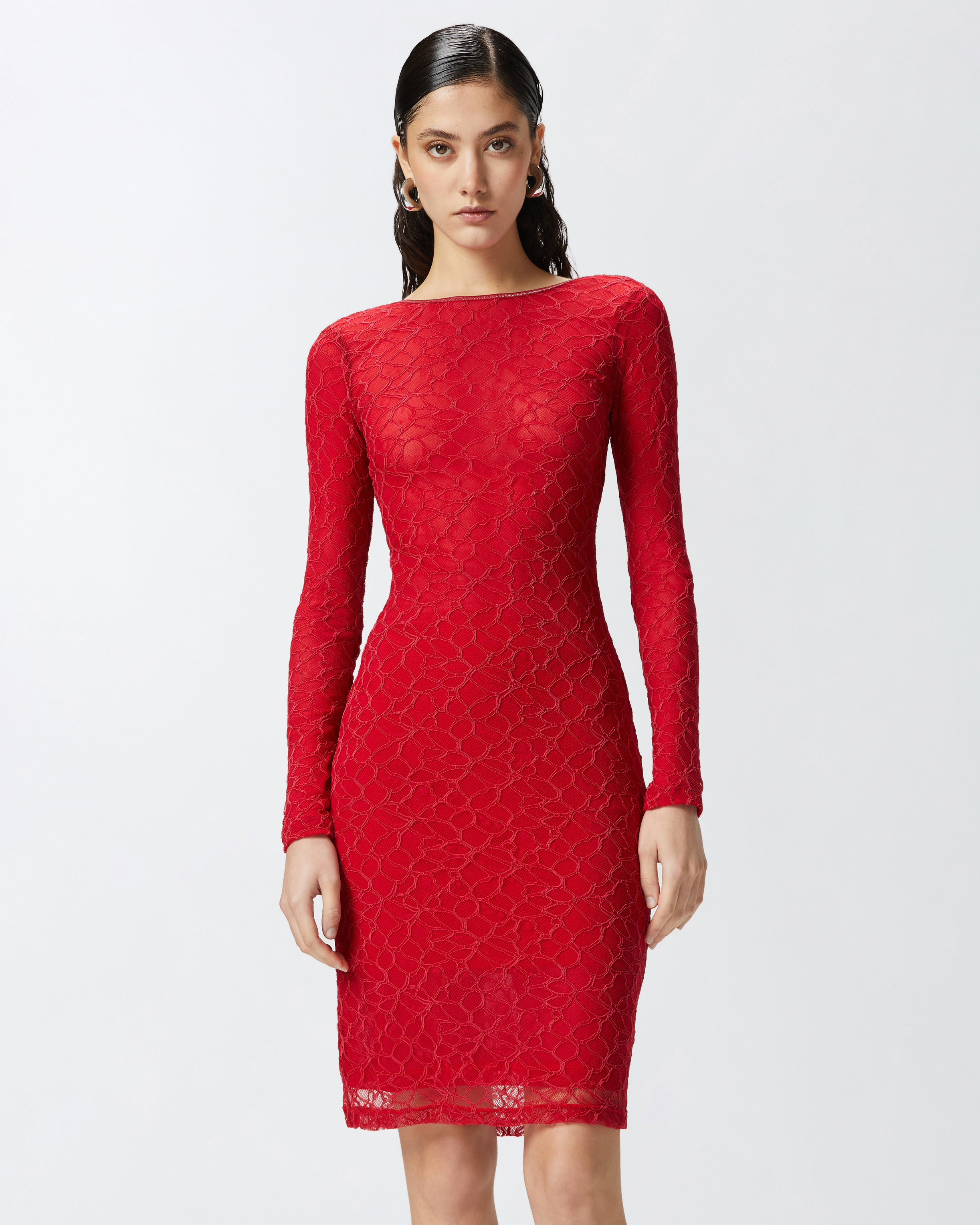 Pinko Slim-fitting Lace Dress With Open Back In Salsa Red