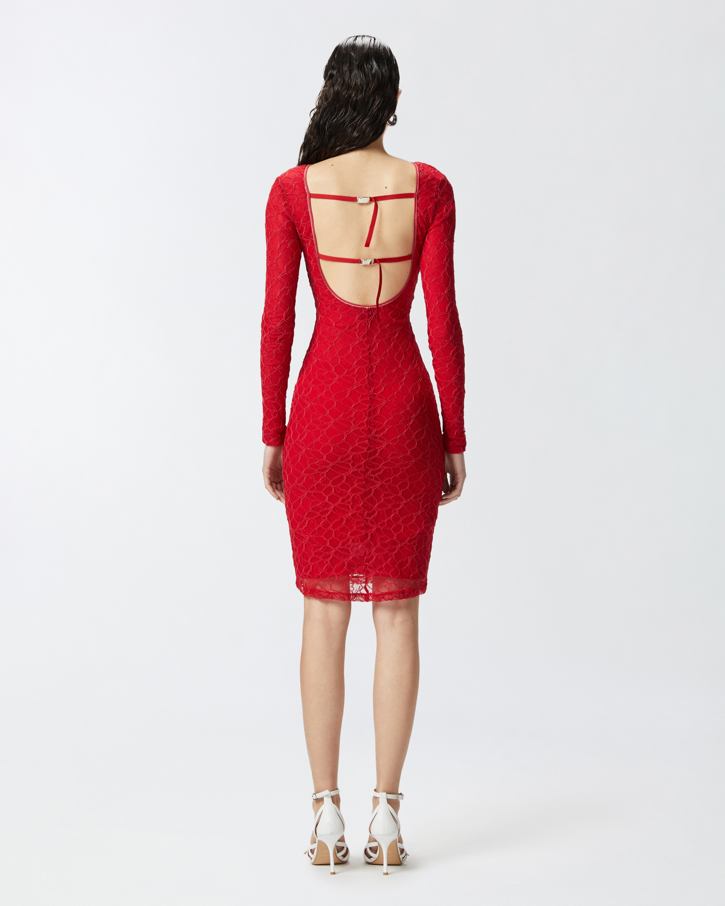 Pinko Slim-fitting Lace Dress With Open Back In Salsa Red