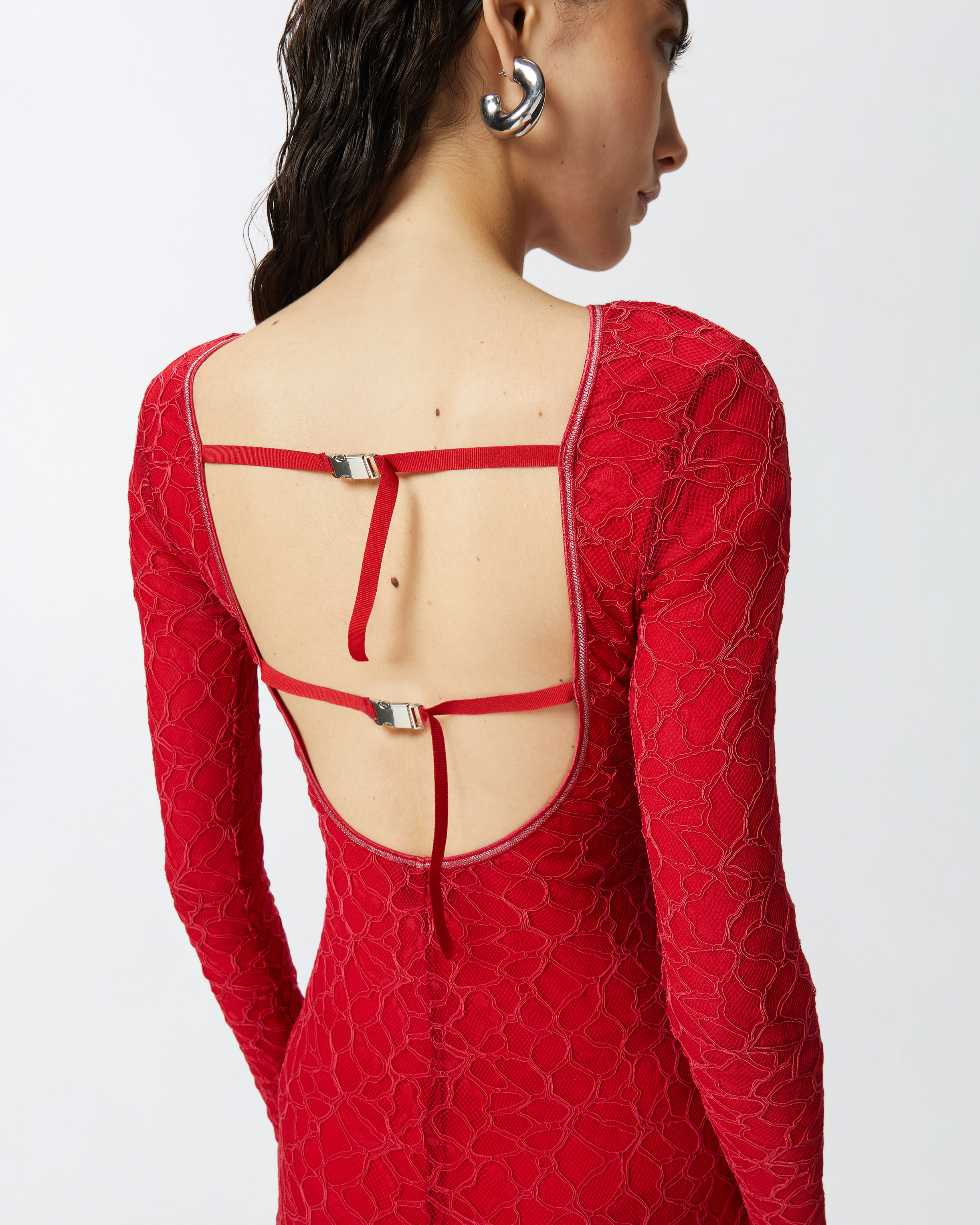Pinko Slim-fitting Lace Dress With Open Back In Salsa Red