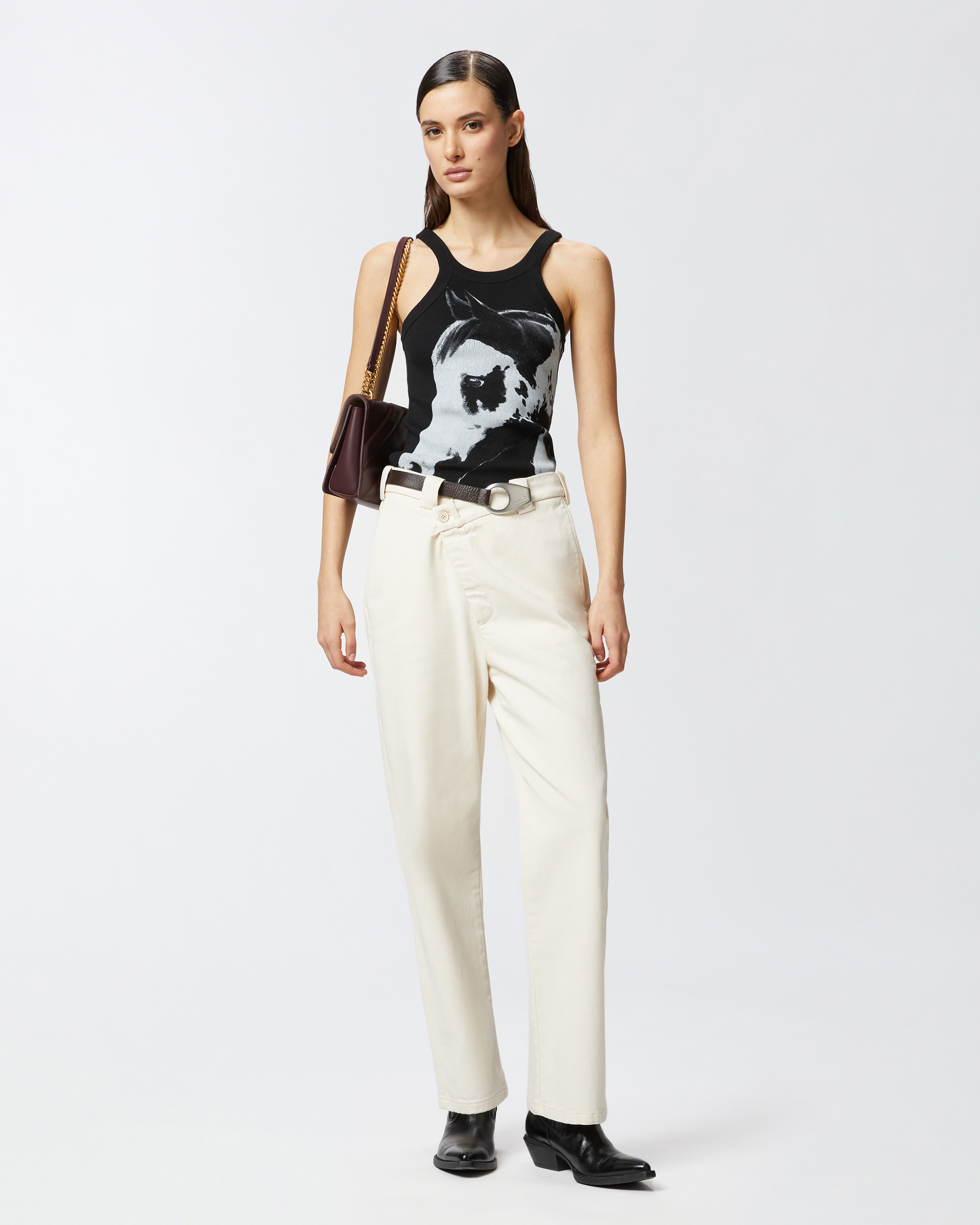 Pinko Curly Horse Graphic Ribbed Sleeveless Top In Noir/blanc