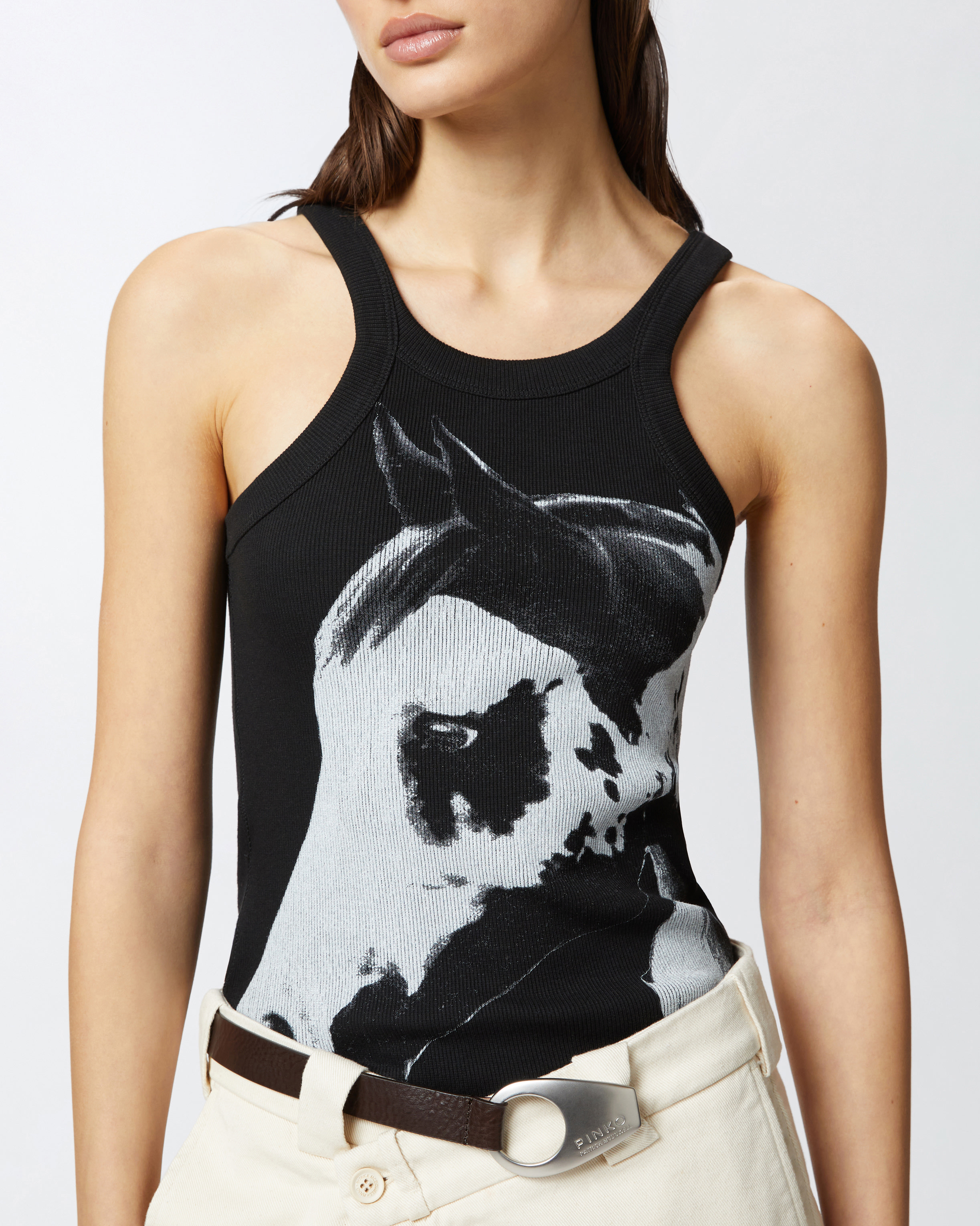 Pinko Curly Horse Graphic Ribbed Sleeveless Top In Noir/blanc