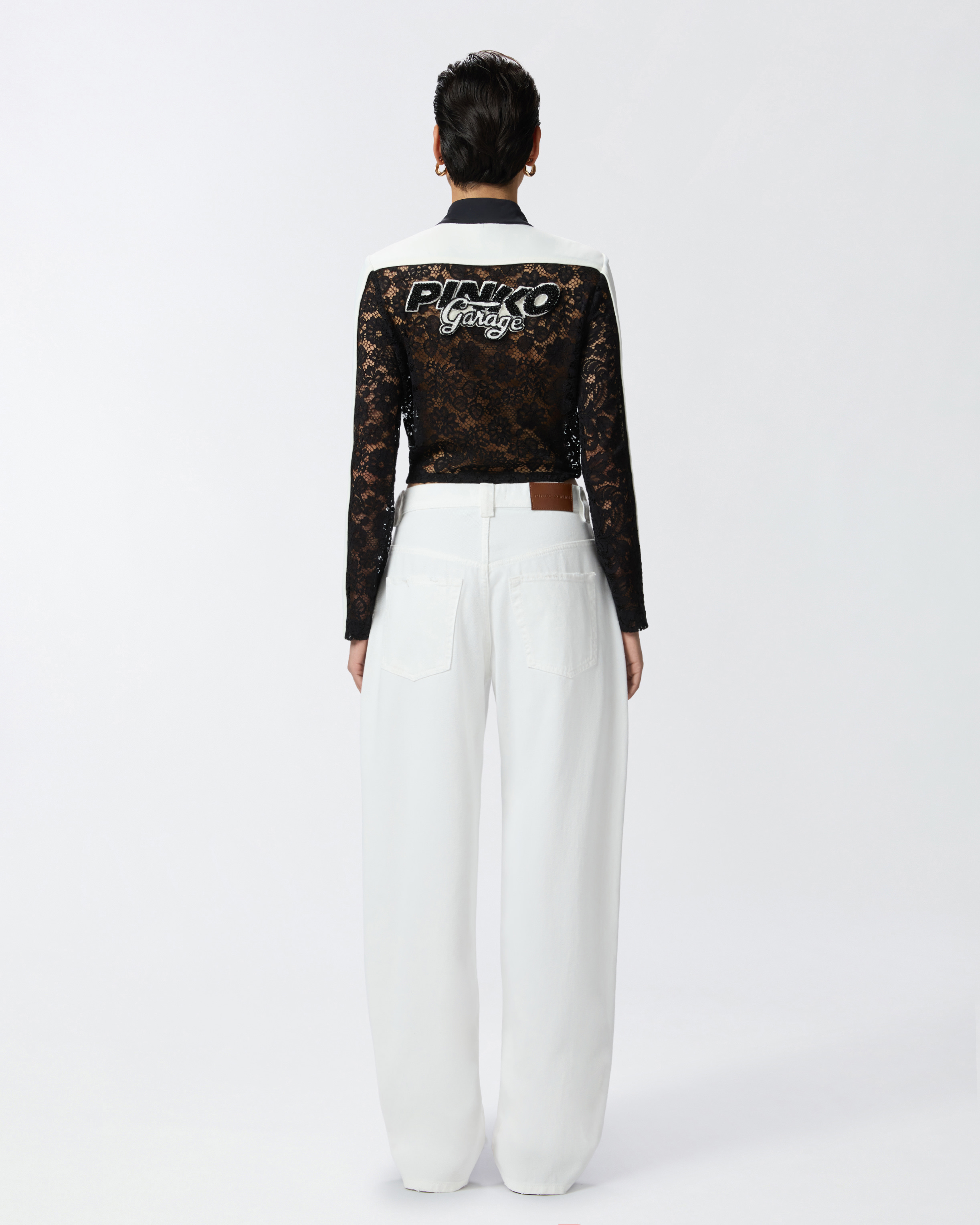 Pinko Lightweight Lace Jacket With Embroidered Patches In Black