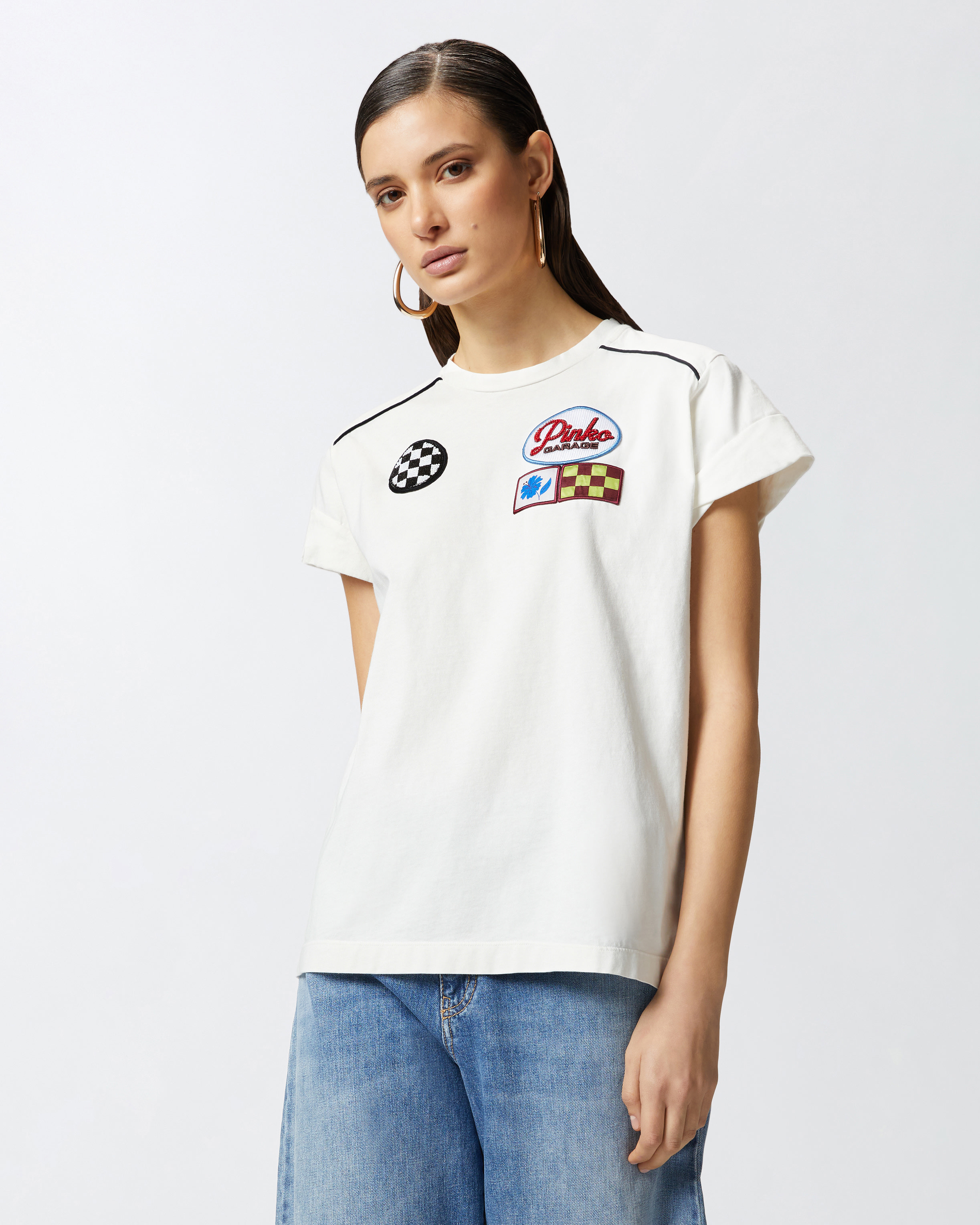 Pinko Crew Neck T-shirt Embroidered Patches In Snow White