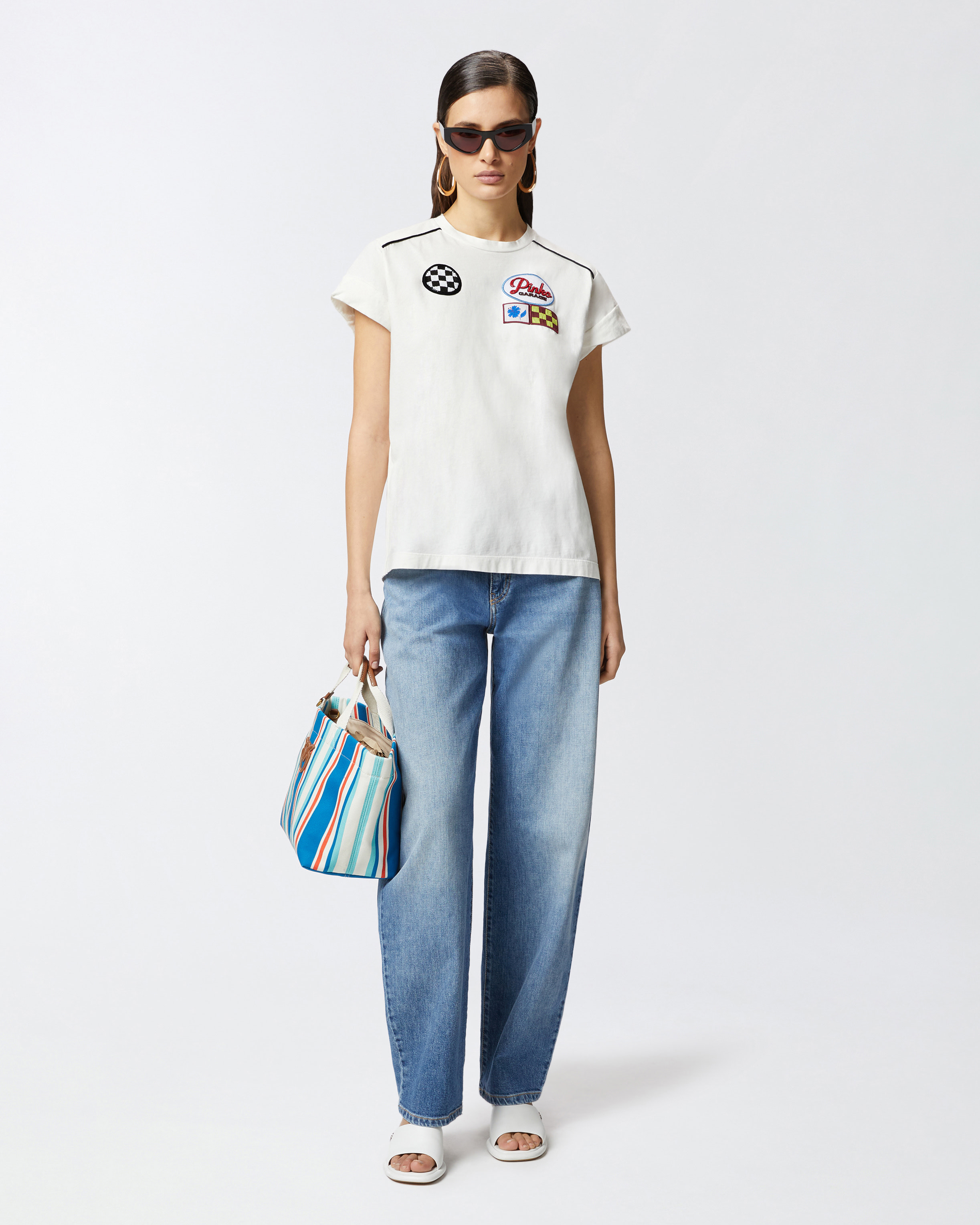Pinko Crew Neck T-shirt Embroidered Patches In Snow White