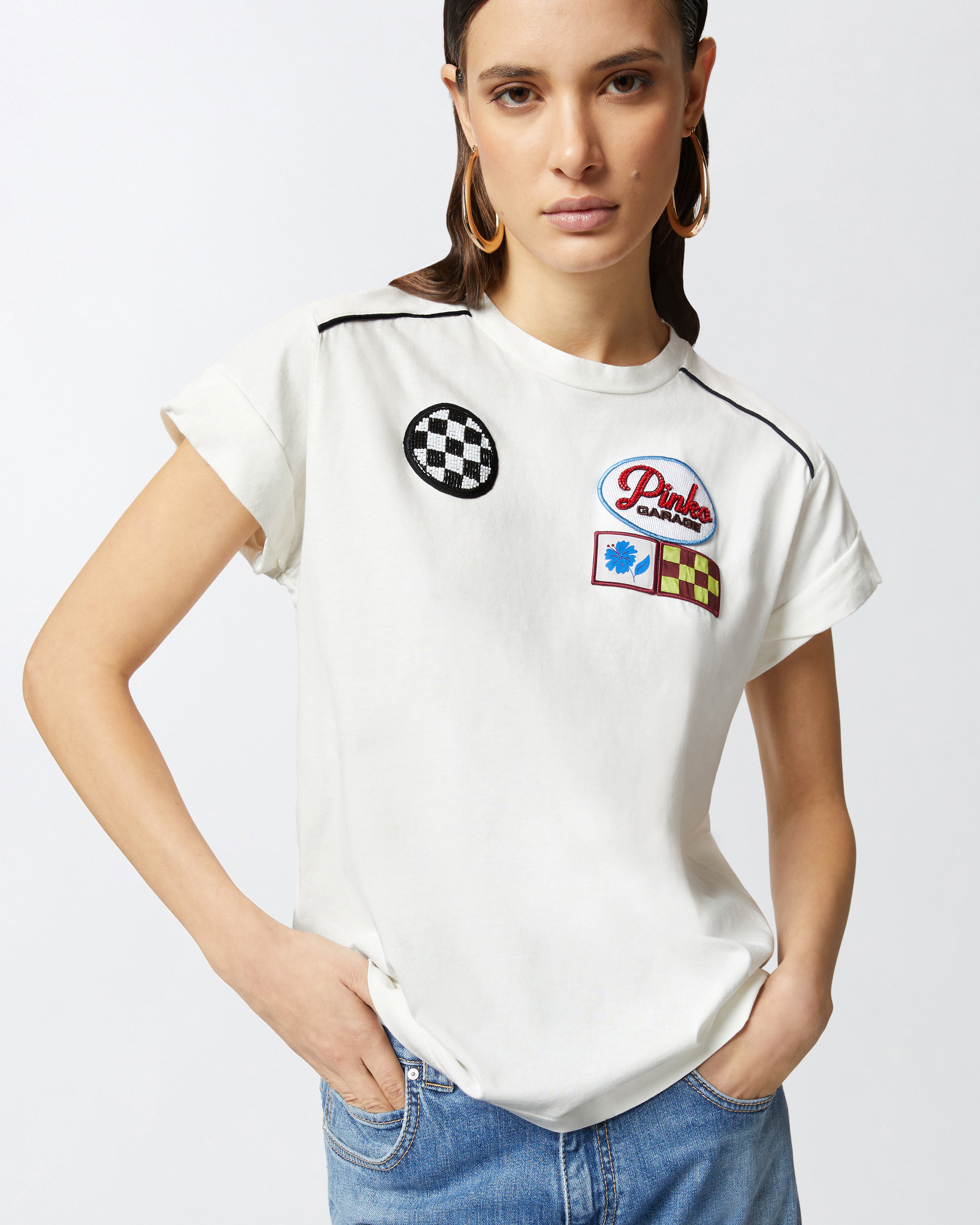 Pinko Crew Neck T-shirt Embroidered Patches In Snow White