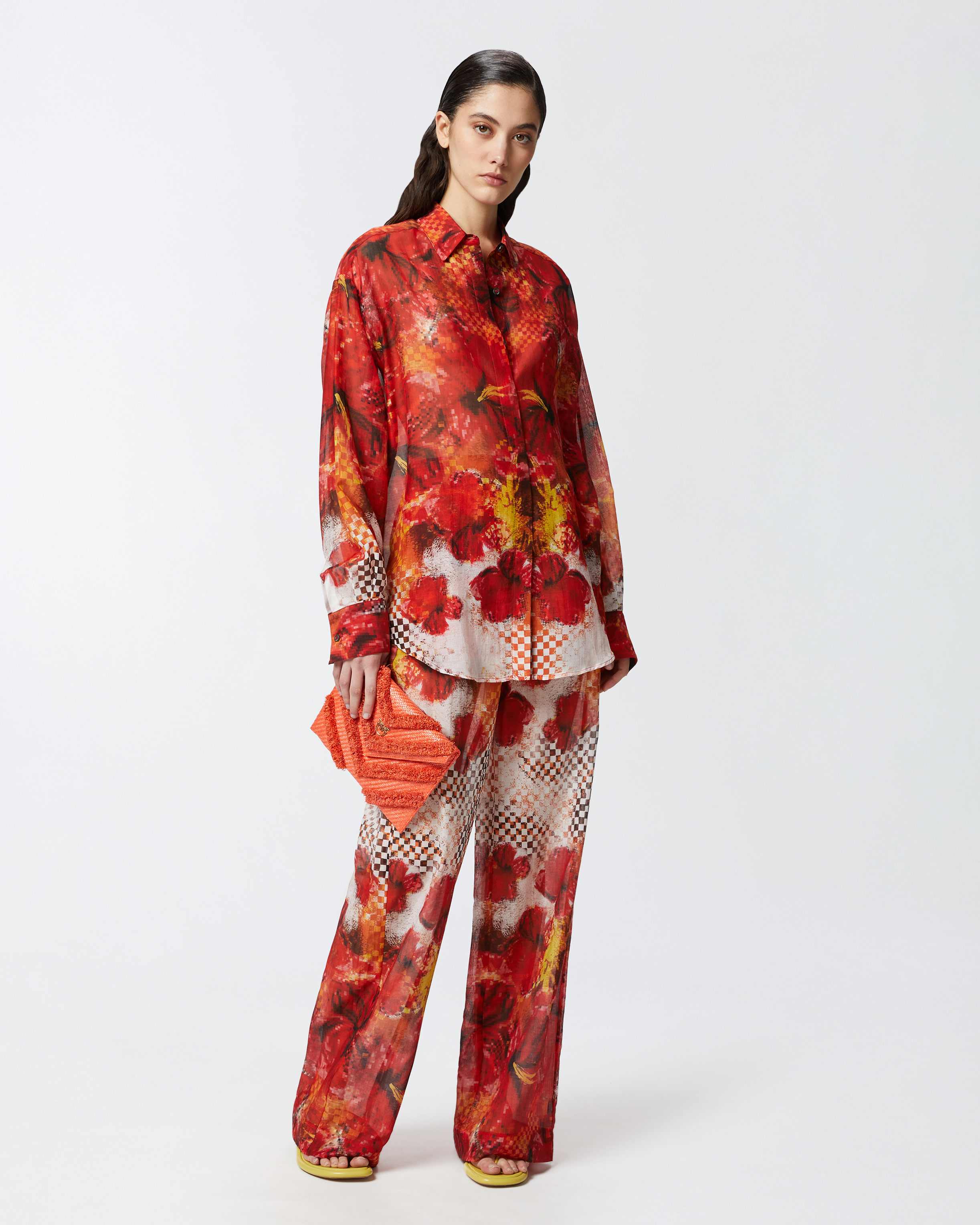 Pinko Shirt With Red Flower And Check Print In Multicolour: Red/white