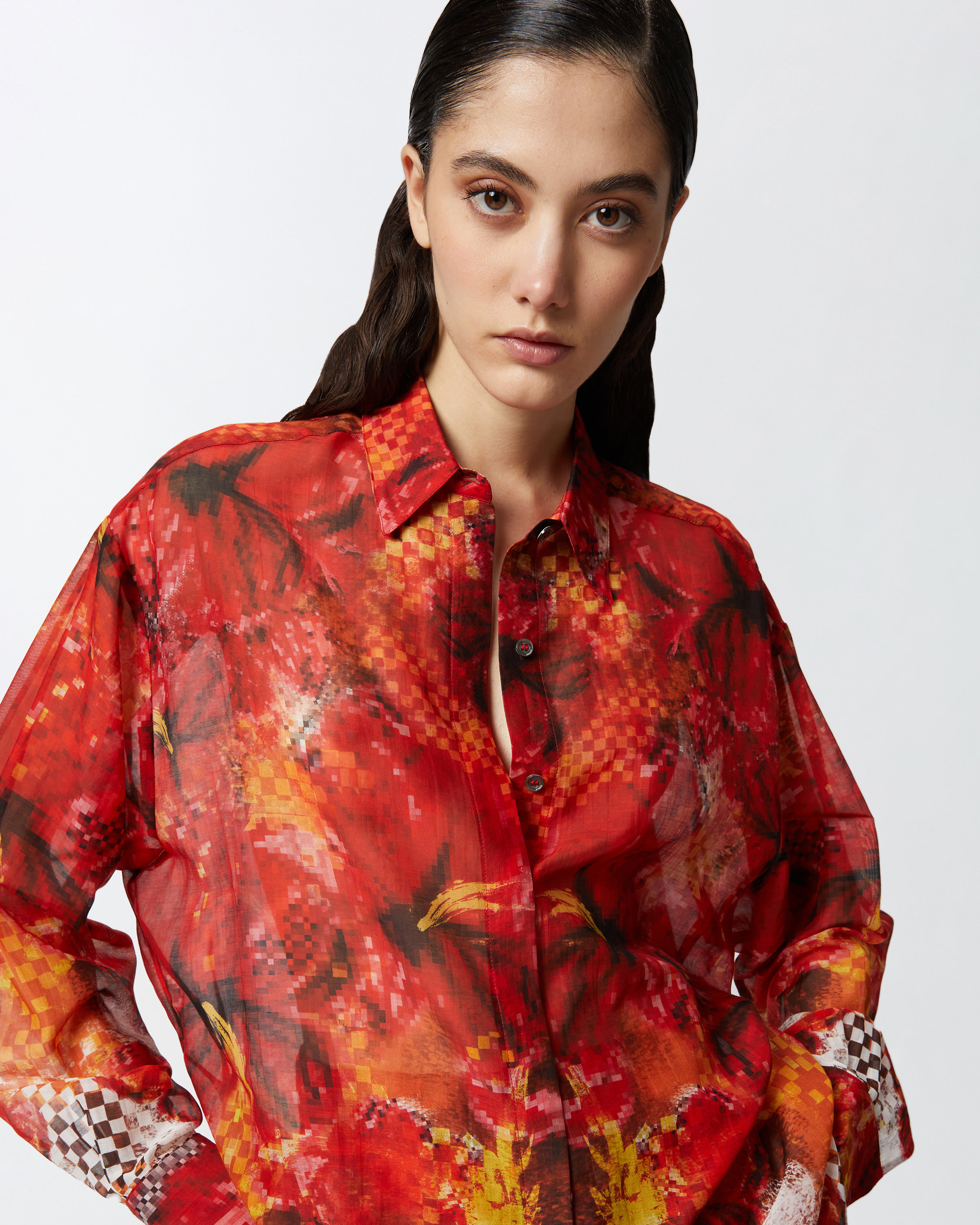Pinko Shirt With Red Flower And Check Print In Multicolour: Red/white