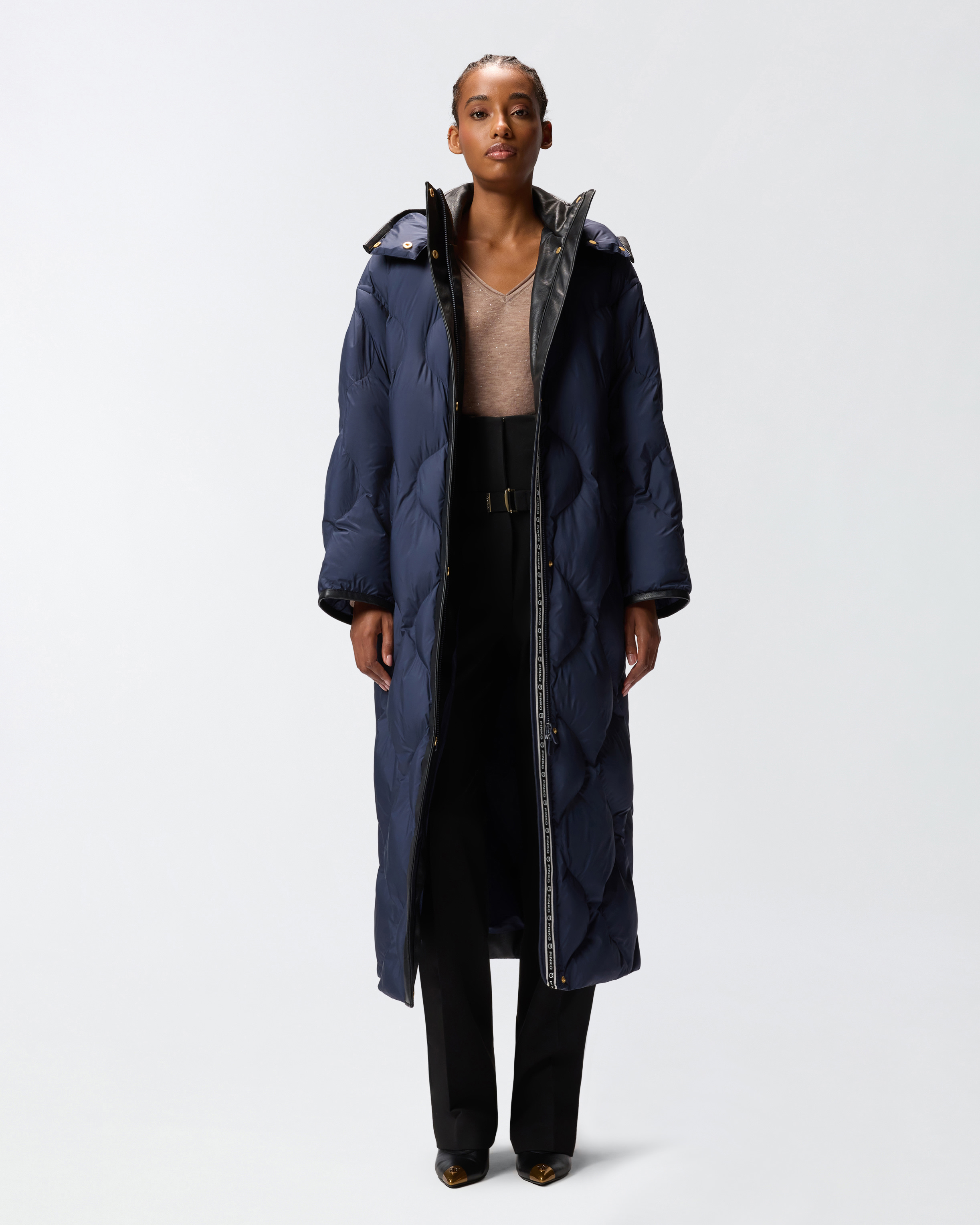Pinko Long Quilted Coat In Blue