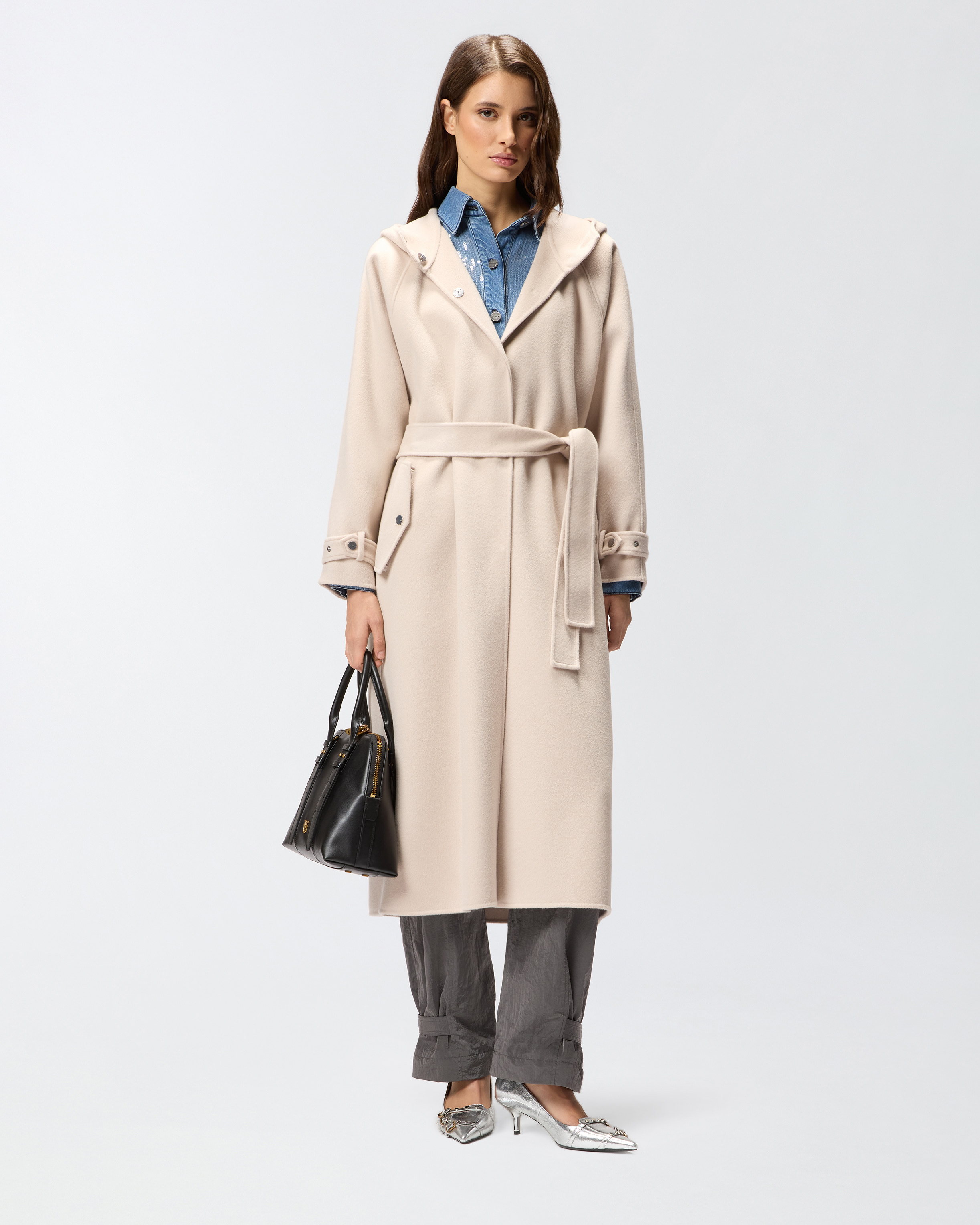 Langer Mantel aus Double-Tuch mit Gürtel - Grau - large | Pinko 