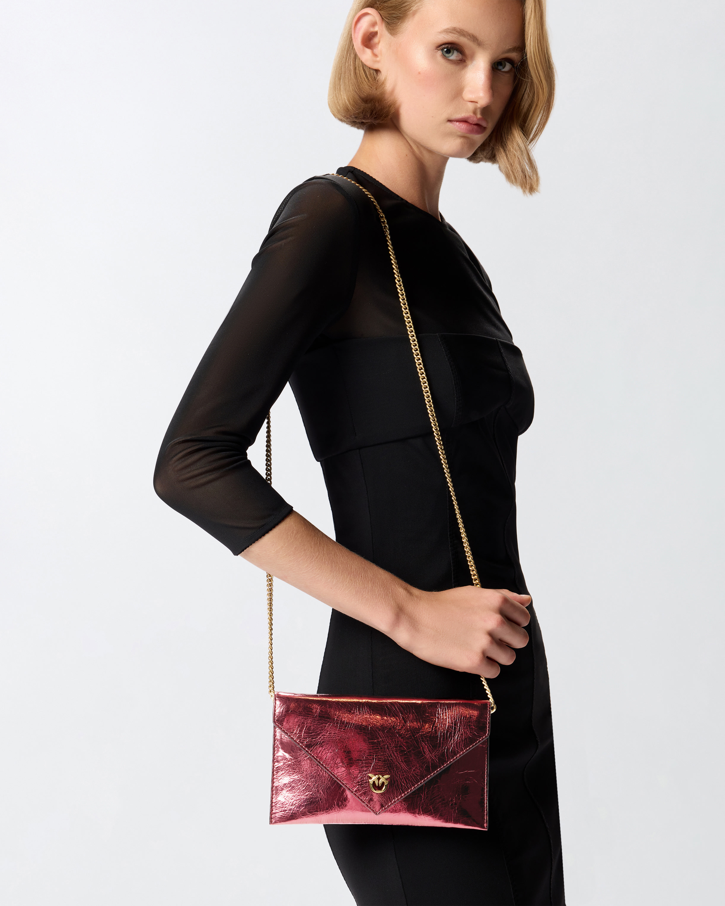 Pochette en cuir métallisé avec logo Love Birds - Rose - large