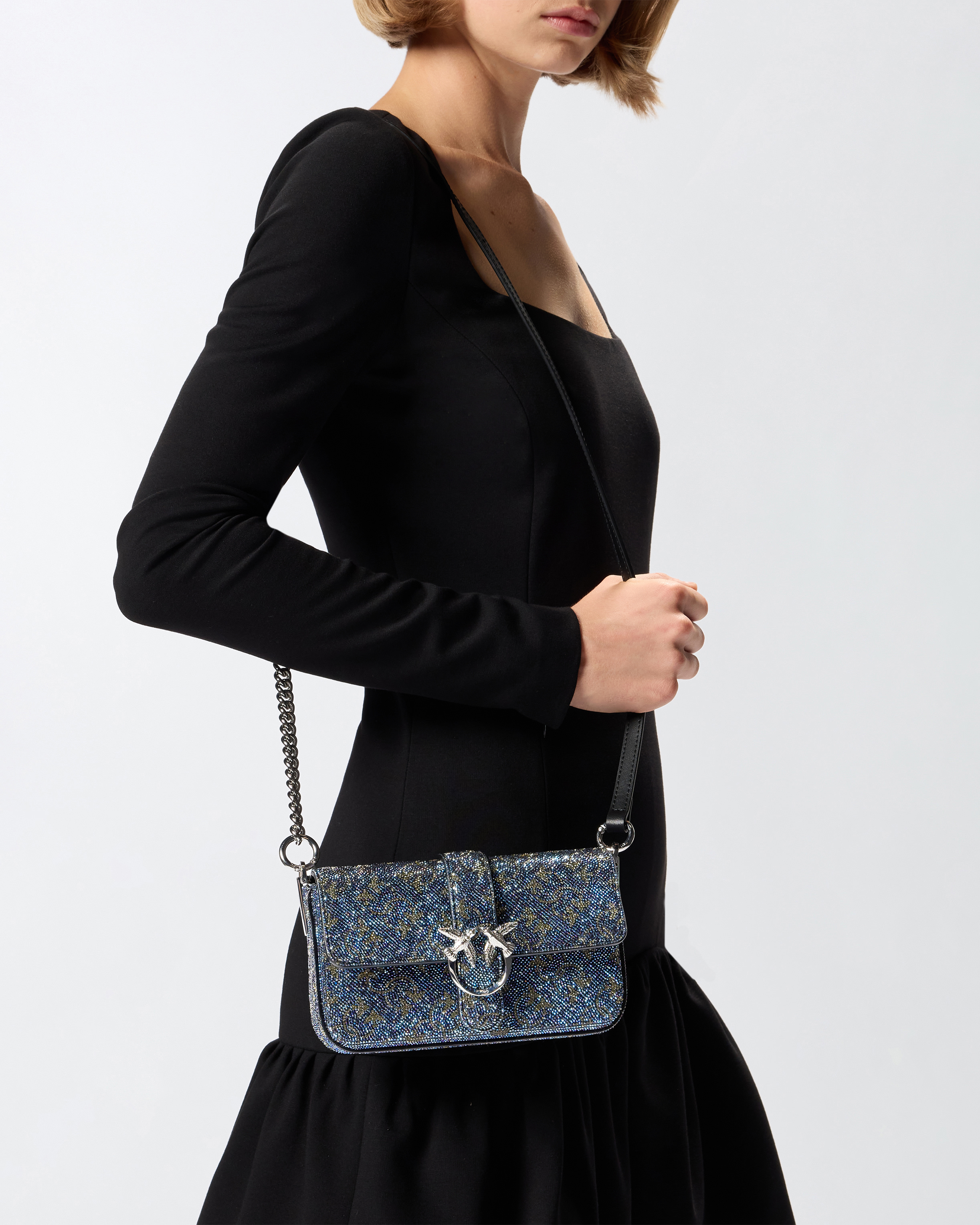 Schultertasche Baby Love Bag Slouchy aus Leder mit vollem Strassbesatz - Silver - large