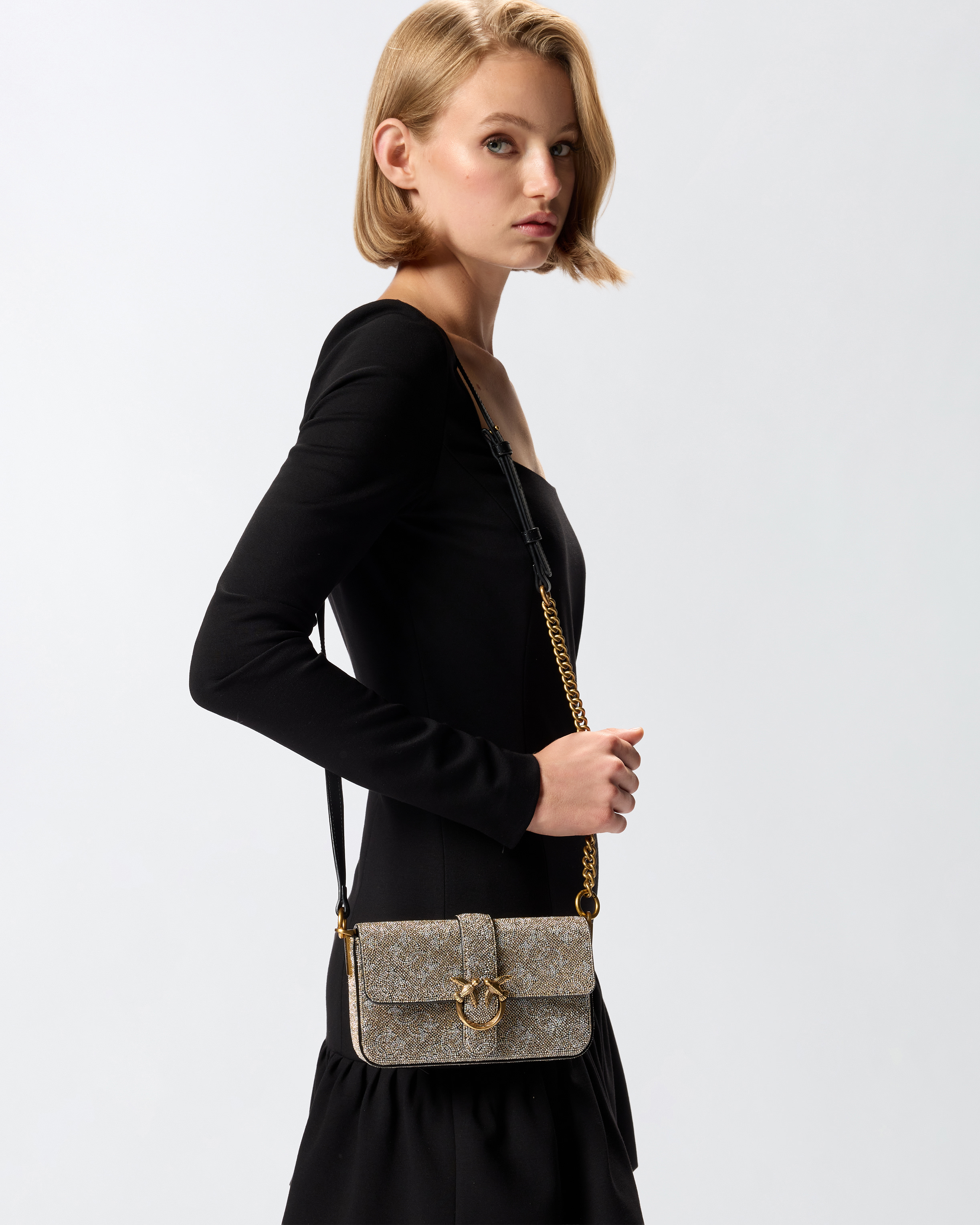 Schultertasche Baby Love Bag Slouchy aus Leder mit vollem Strassbesatz - Gold - large