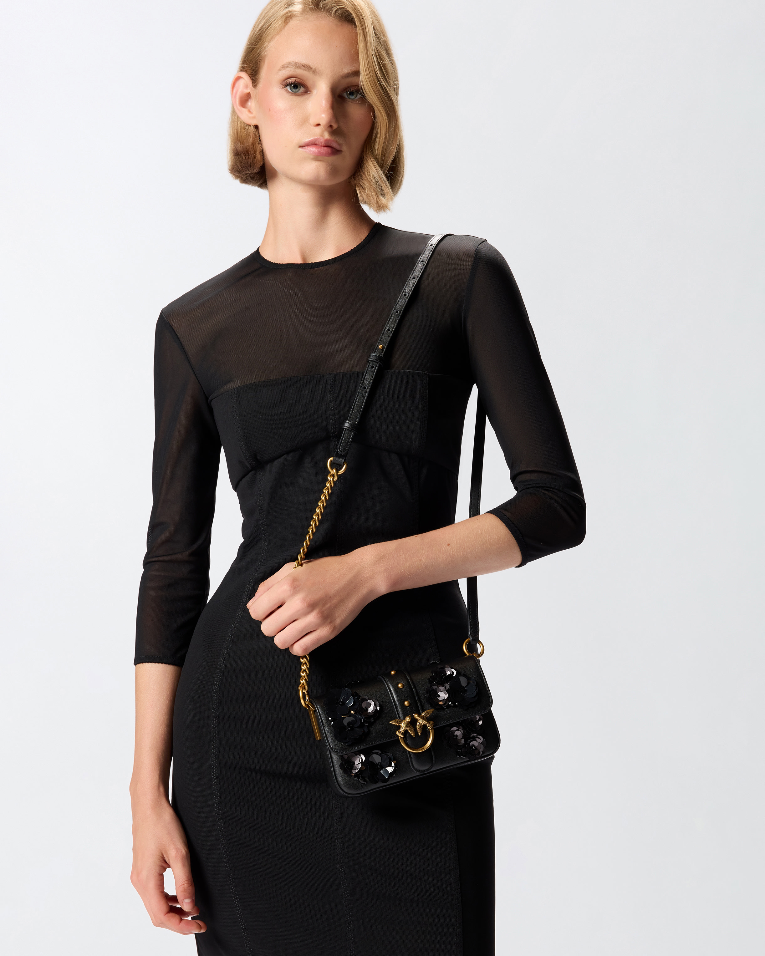 Pinko Baby Love Bag Slouchy Shoulder Bag In Leather With Jewel Flowers In Black