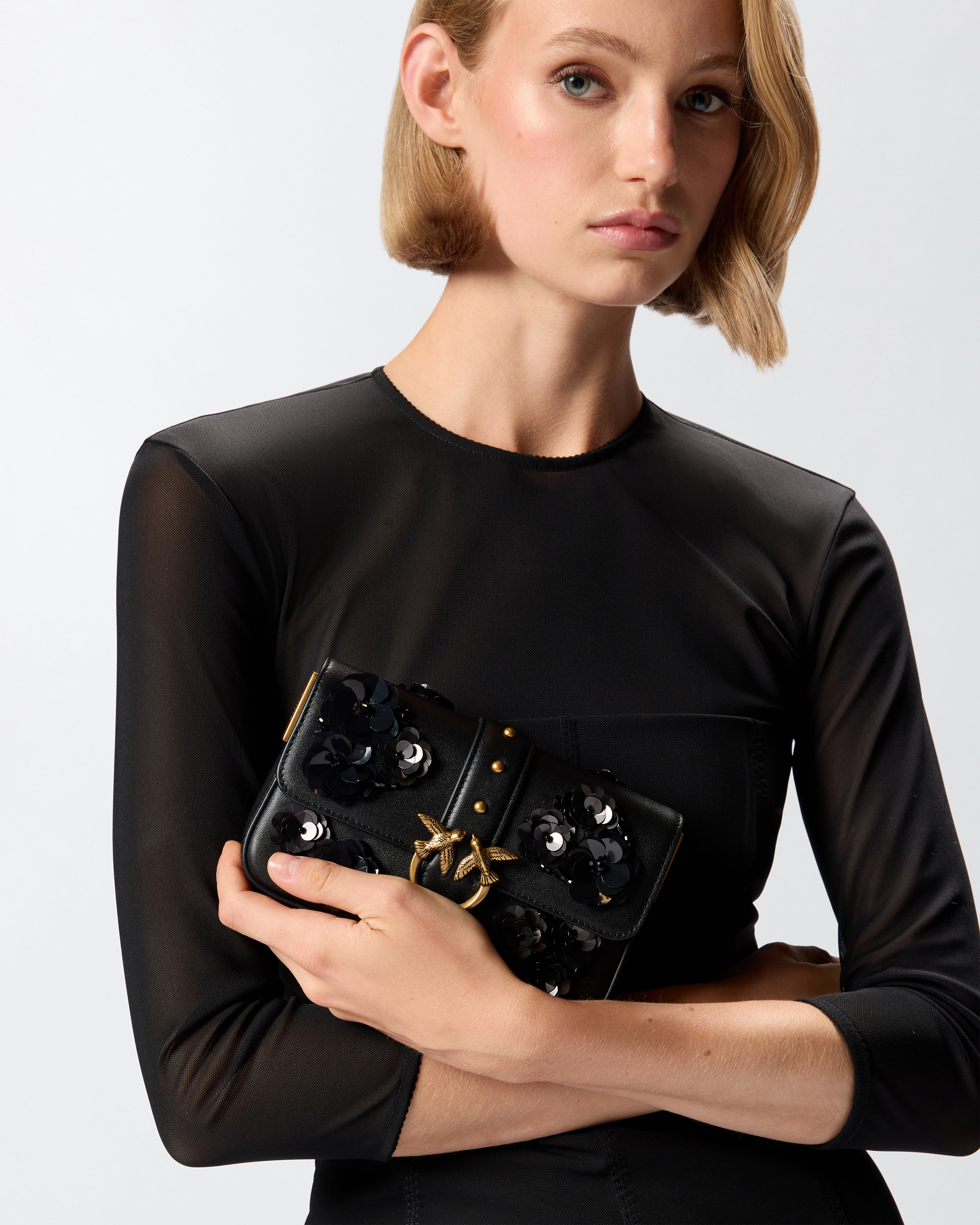 Pinko Baby Love Bag Slouchy Shoulder Bag In Leather With Jewel Flowers In Black