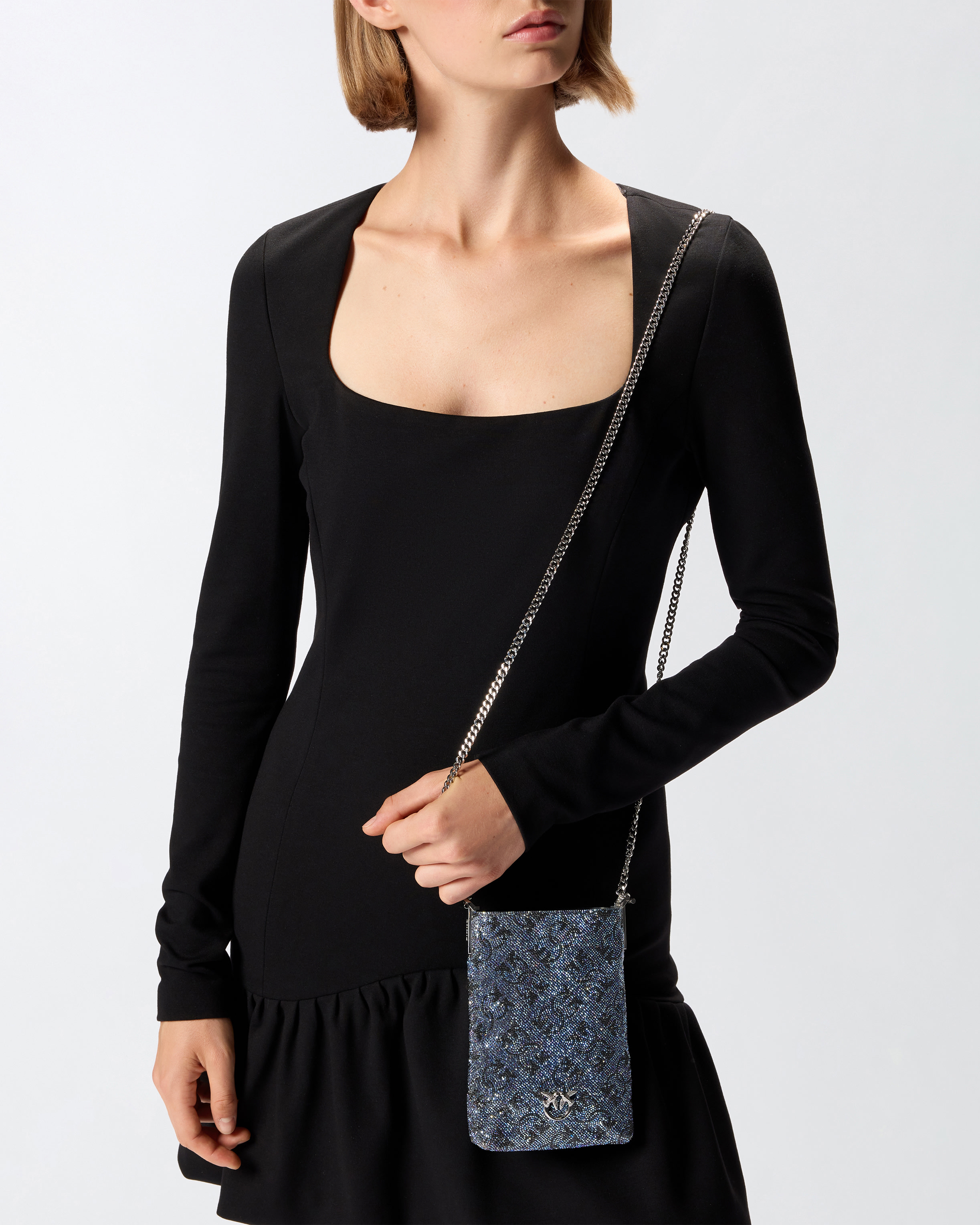 Fully rhinestoned leather smartphone case with shoulder strap - Silver - large