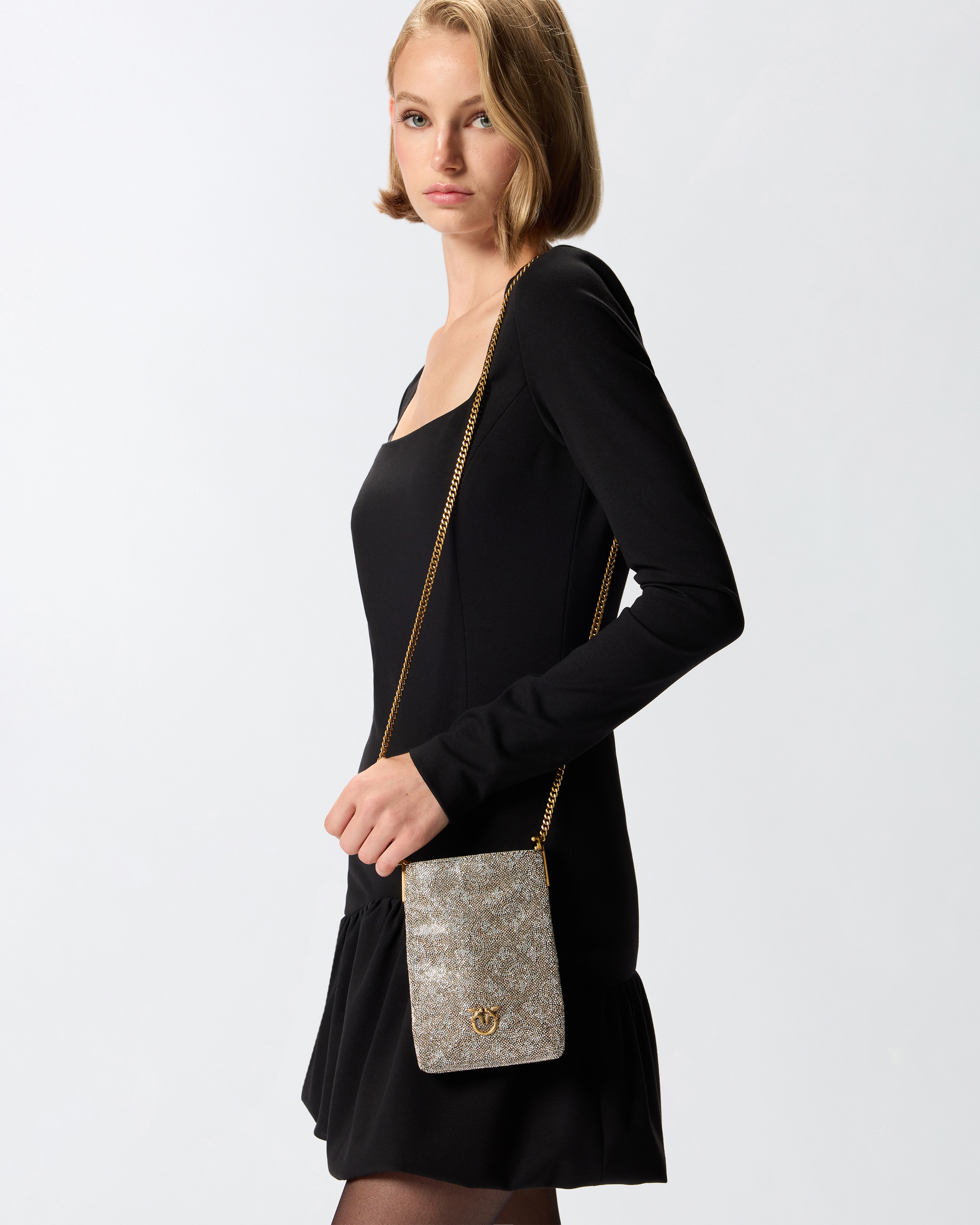 Fully rhinestoned leather smartphone case with shoulder strap - Gold - large