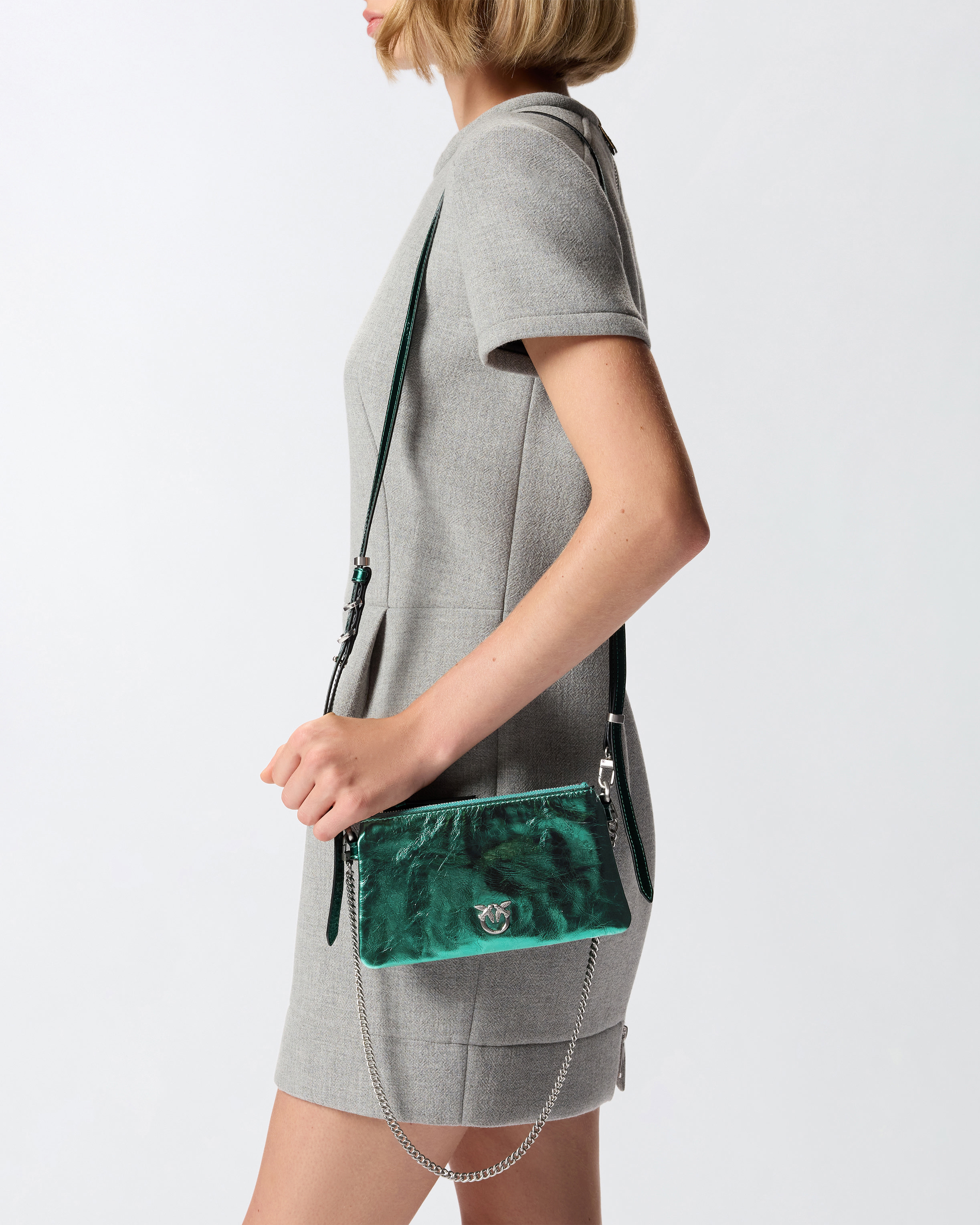 Petit sac porté épaule Mini Double Bag en cuir lamé - Vert - large