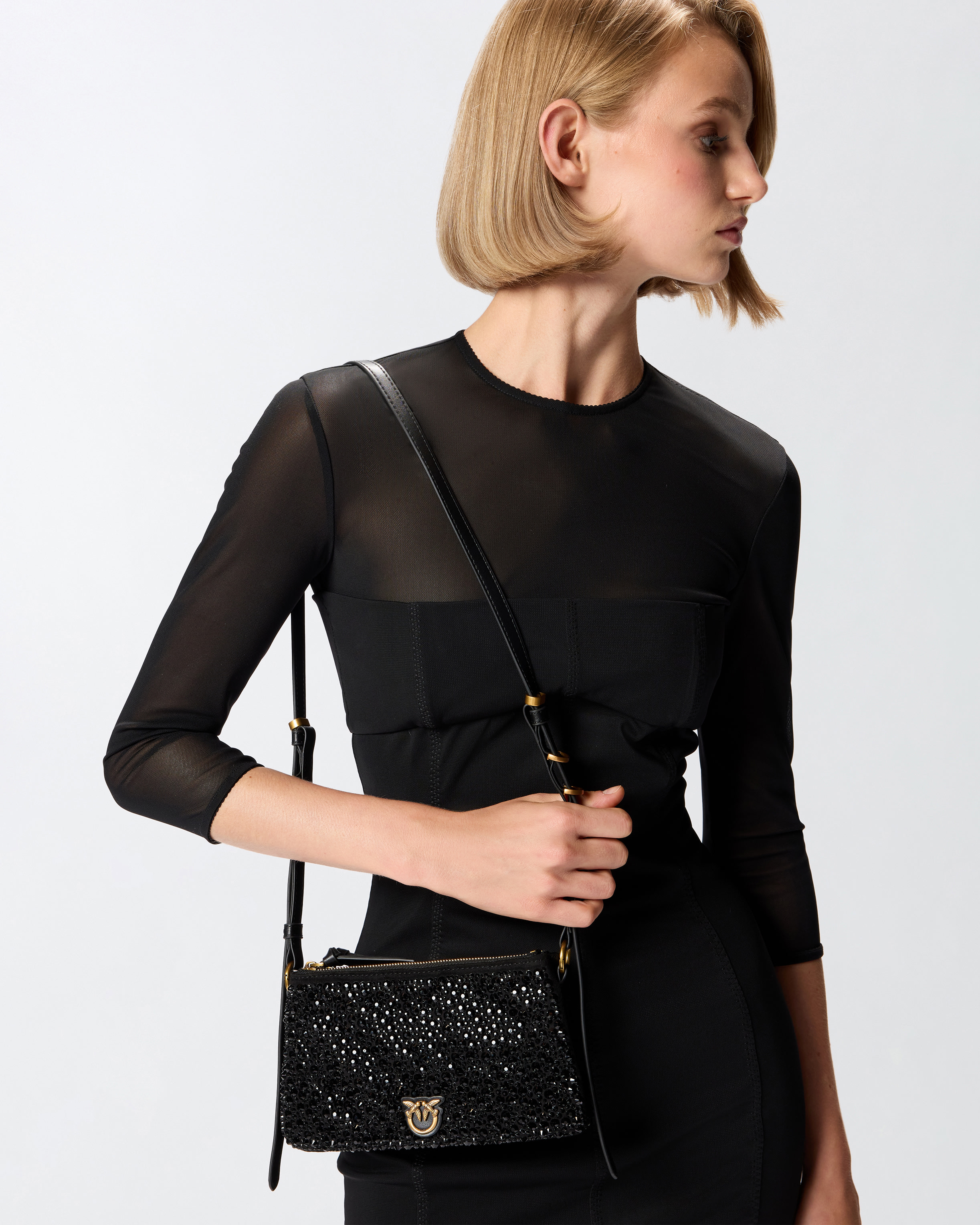 Pinko Mini Double Bag Fully Rhinestoned Shoulder Bag