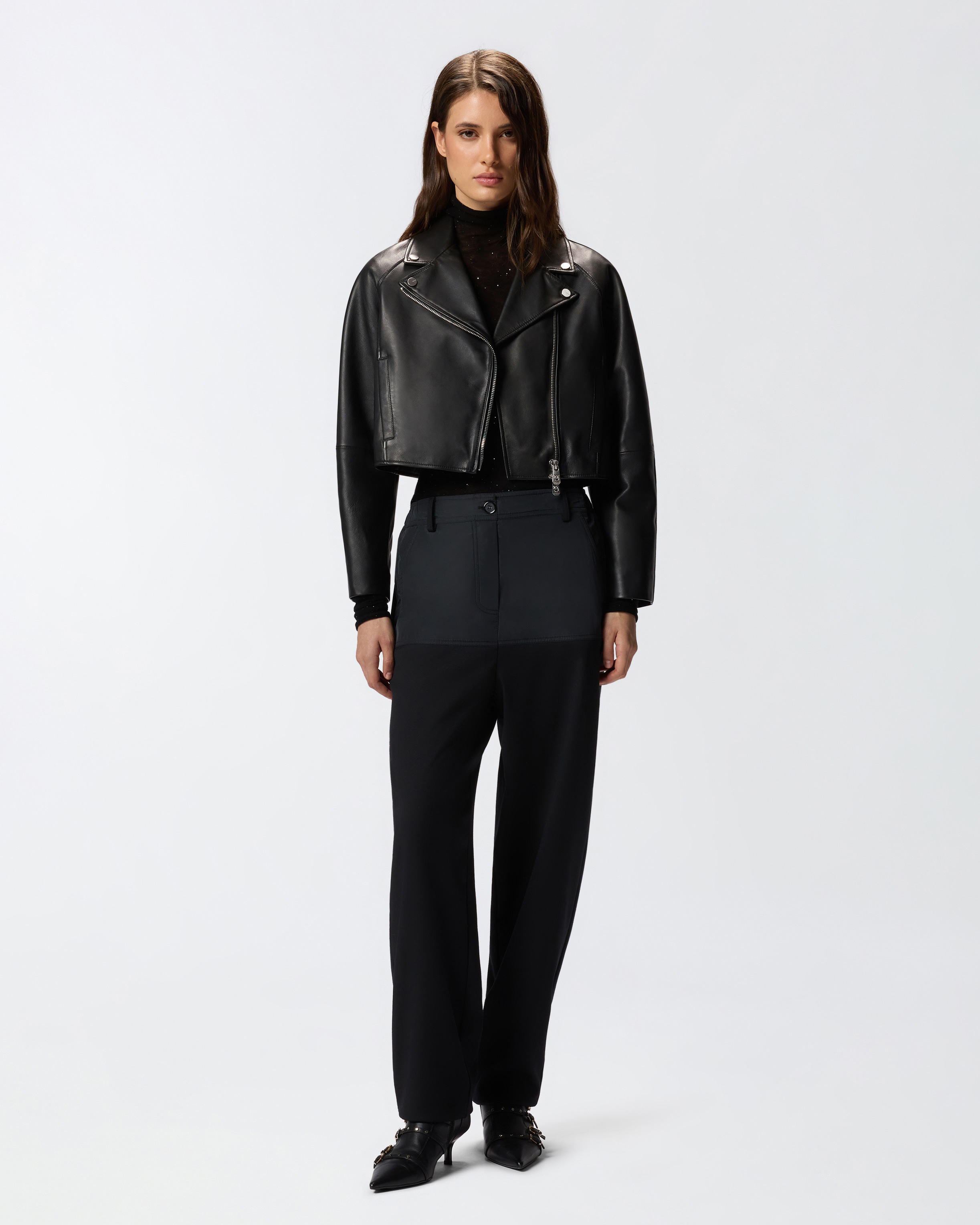 Blouson de motard cropped en cuir nappa 1