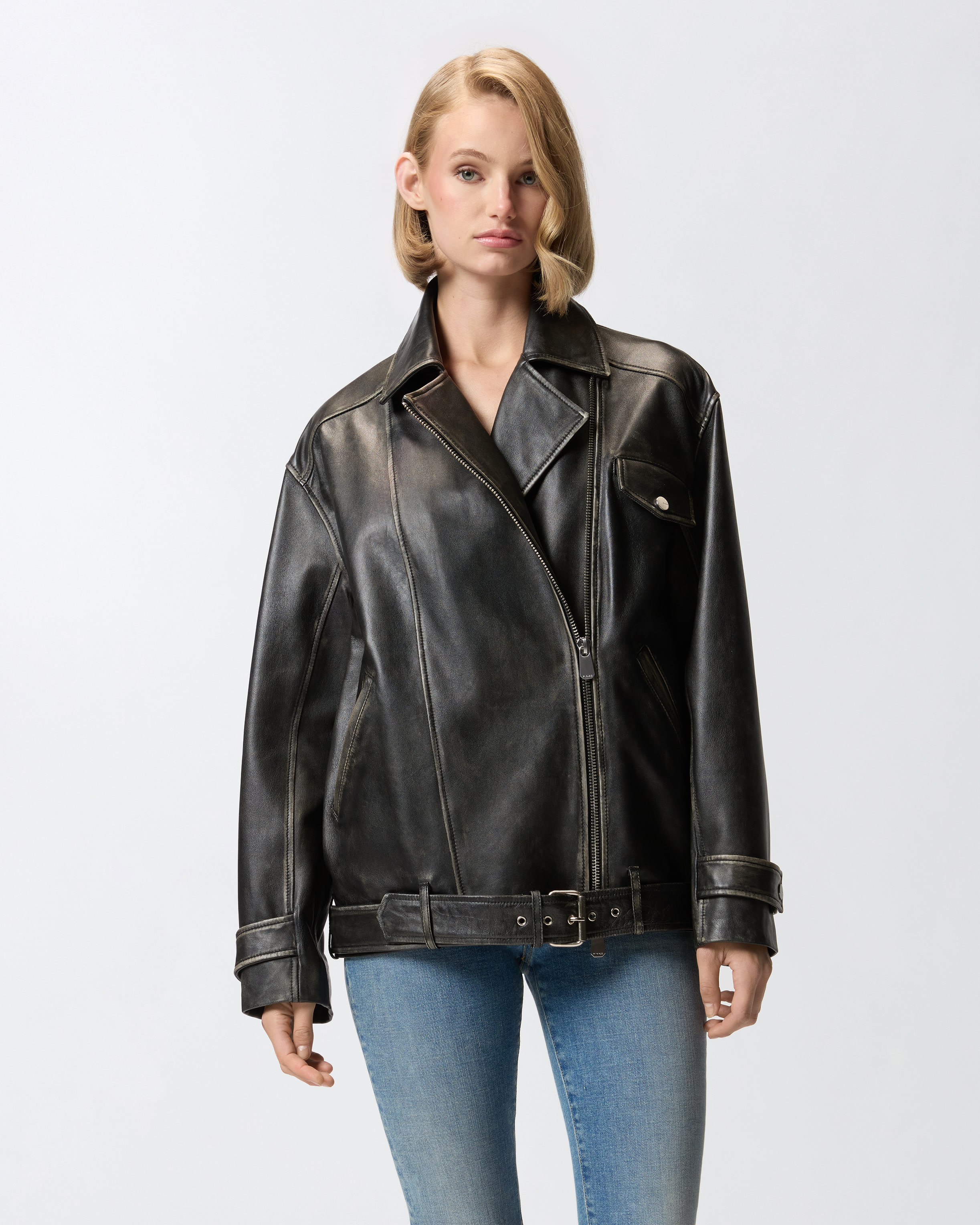 Pinko Leather Jacket With Belted Waist And Pockets In Black