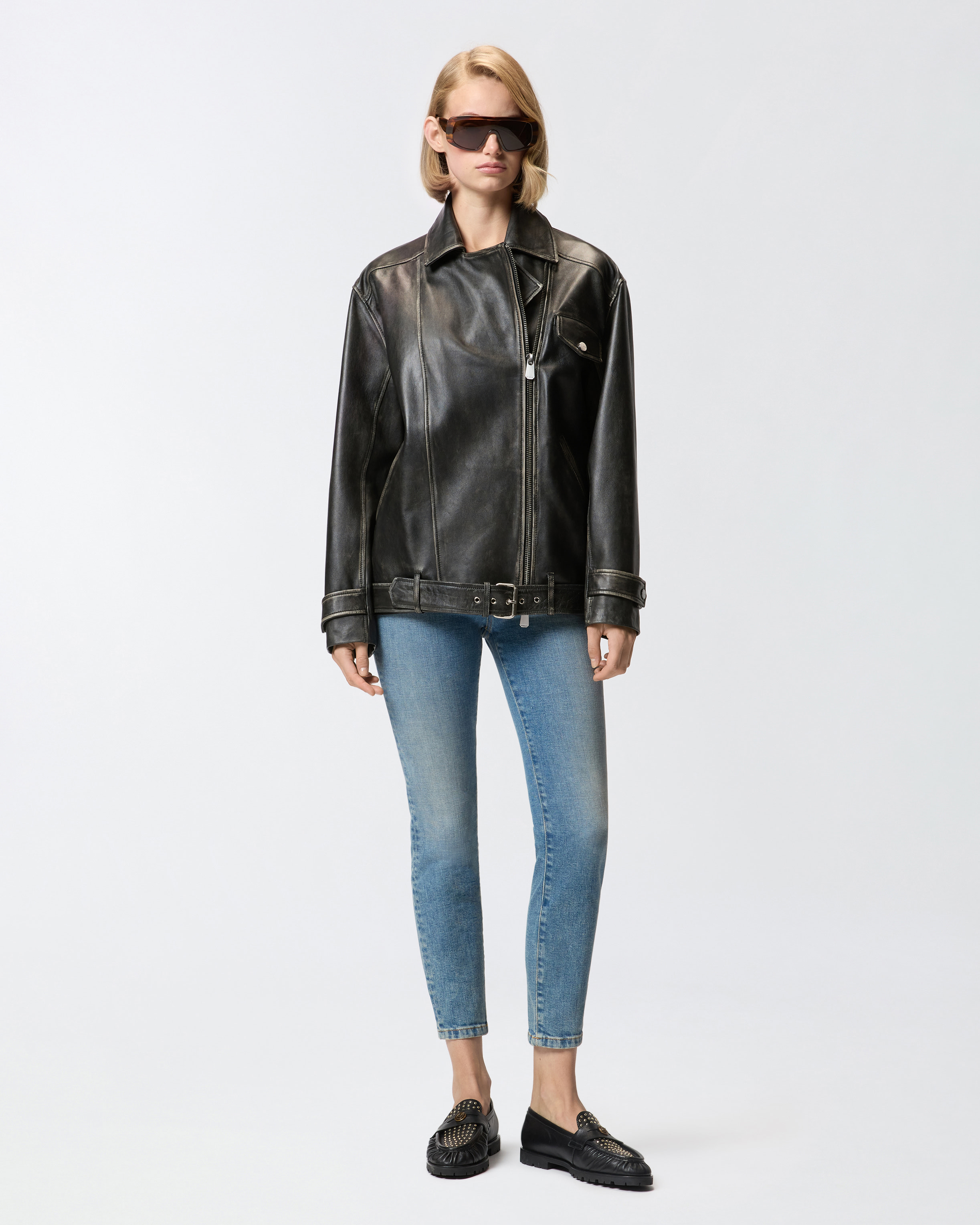 Pinko Leather Jacket With Belted Waist And Pockets In Black