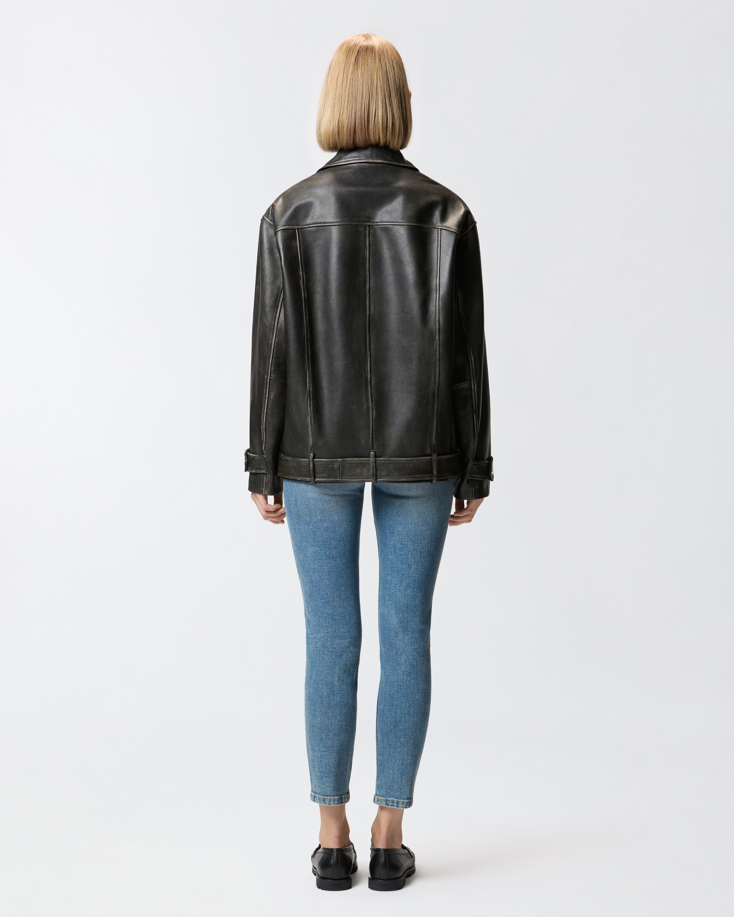 Pinko Leather Jacket With Belted Waist And Pockets In Black